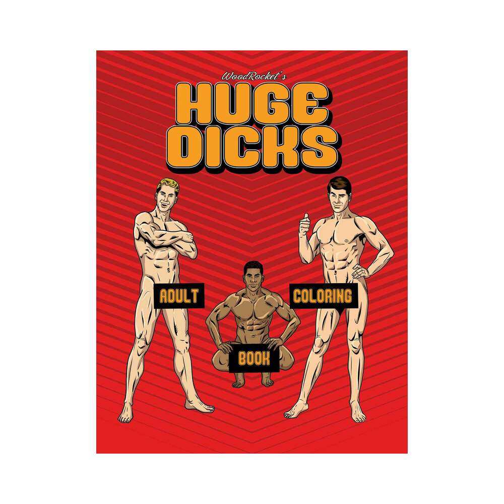 Cover of Huge Dicks Coloring Book featuring playful adult-themed illustrations on red background