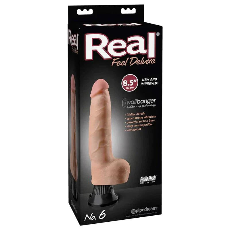Real Feel Deluxe No. 6 Realistic 8.5 in. Vibrating Dildo With Balls and Suction Cup Beige by Dildos & Dongs