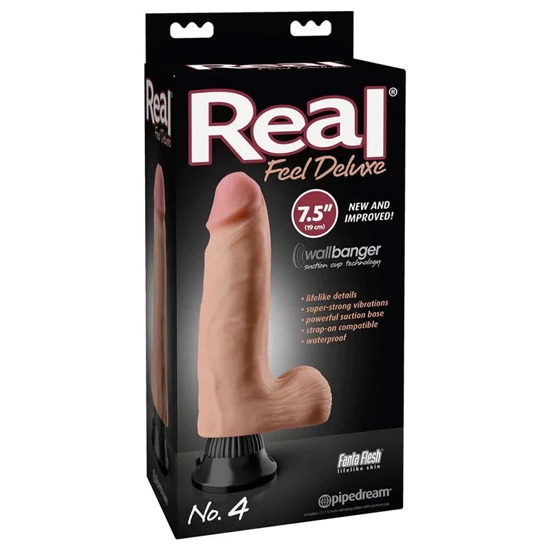 Real Feel Deluxe No. 4 Realistic 7.5 in. Vibrating Dildo With Balls and Suction Cup Beige by Dildos & Dongs