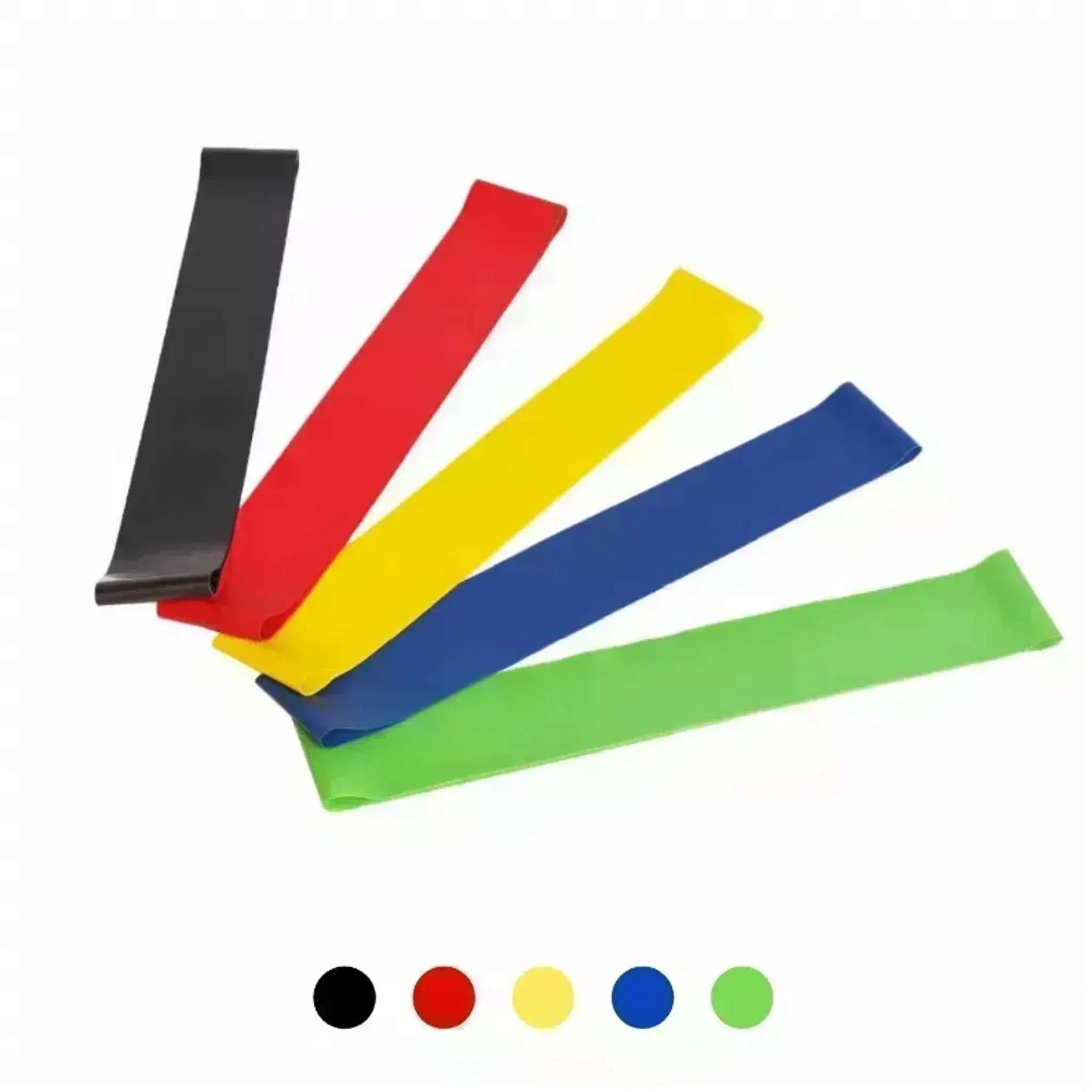 Set of five colorful resistance body bands for strength training and fitness workouts