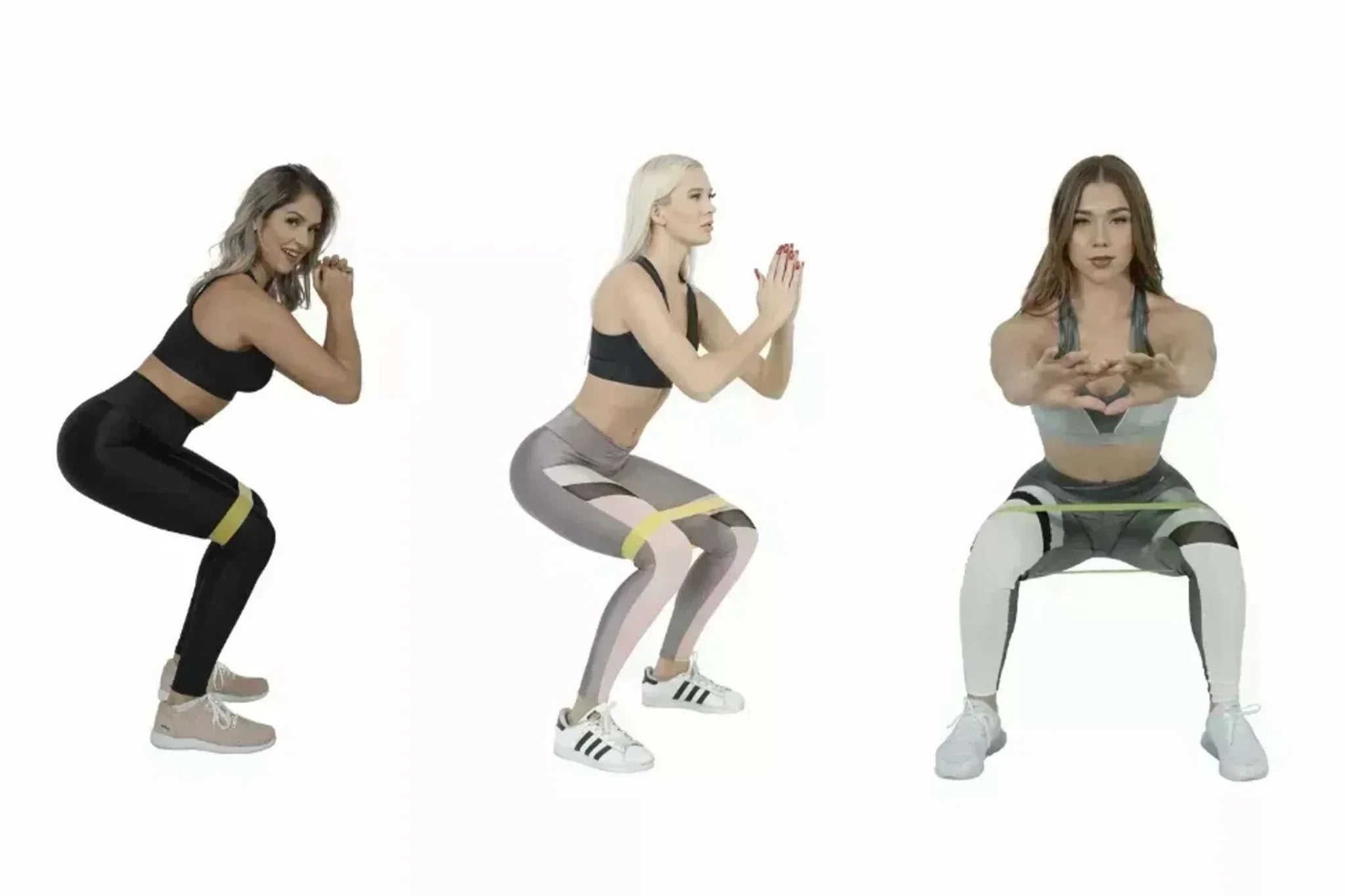 Three women demonstrating resistance body bands exercising with squats on legs and thighs