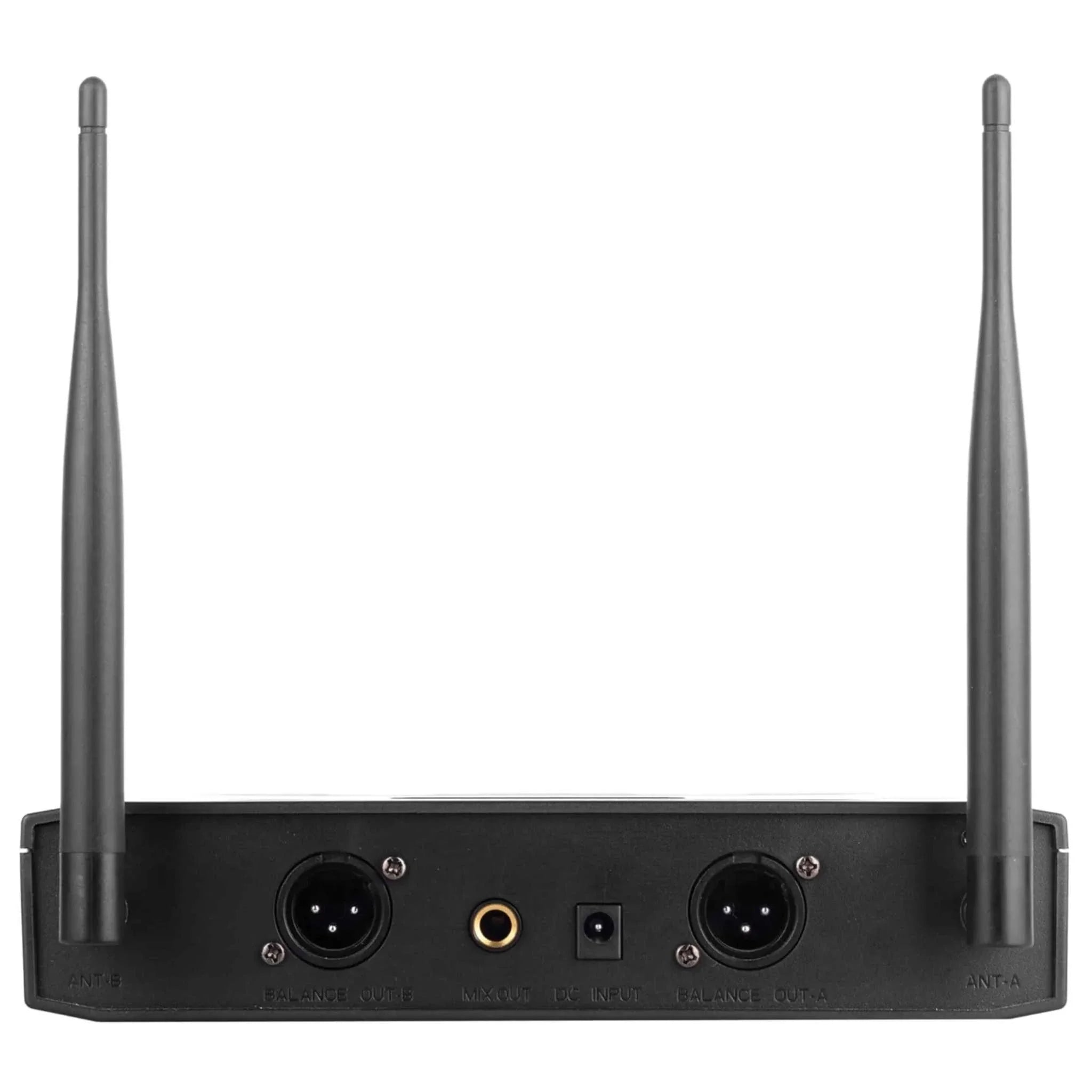 Back view of Supersonic VHF Dual Fixed Channel wireless microphone receiver with dual antennas and multiple audio output ports
