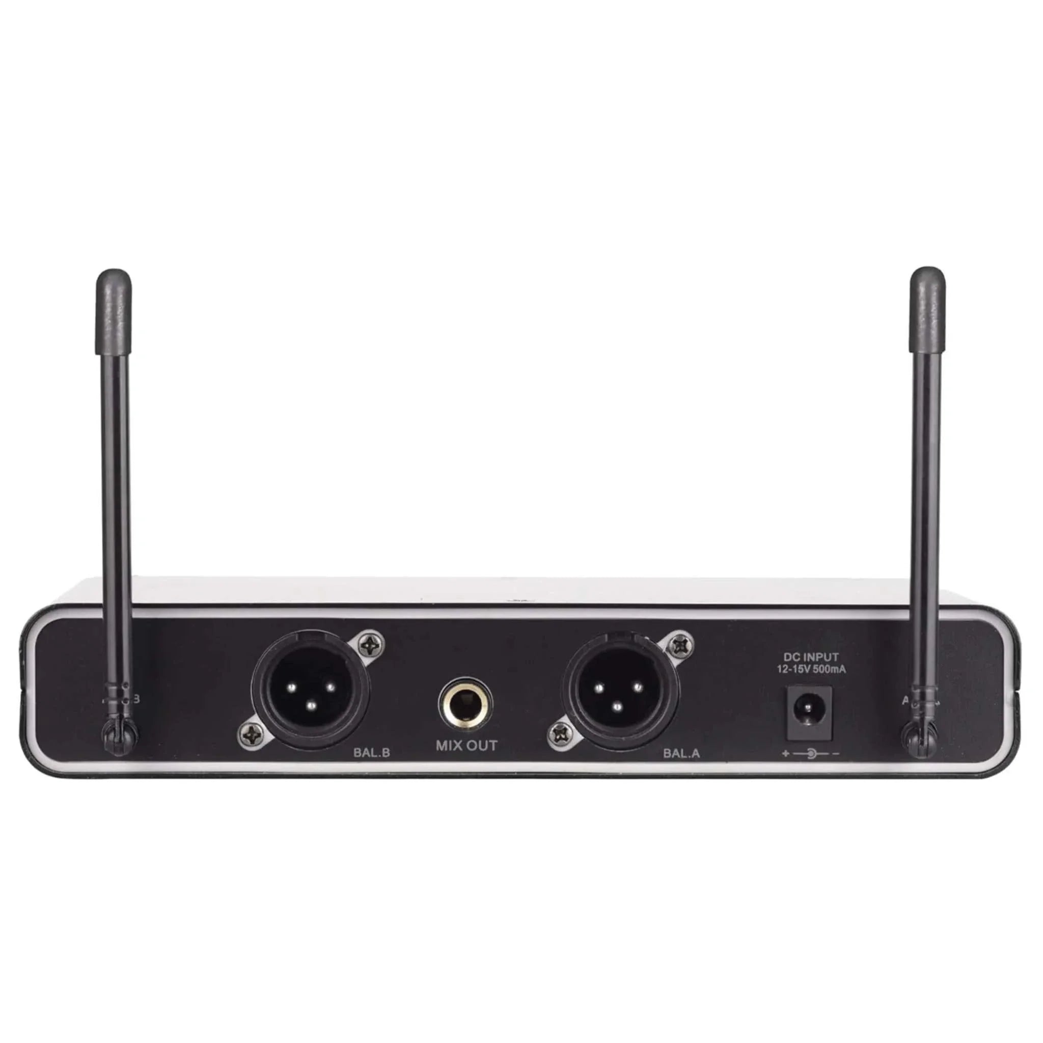 Supersonic UHF Dual Channel professional wireless microphone receiver with dual antennas and multiple audio outputs