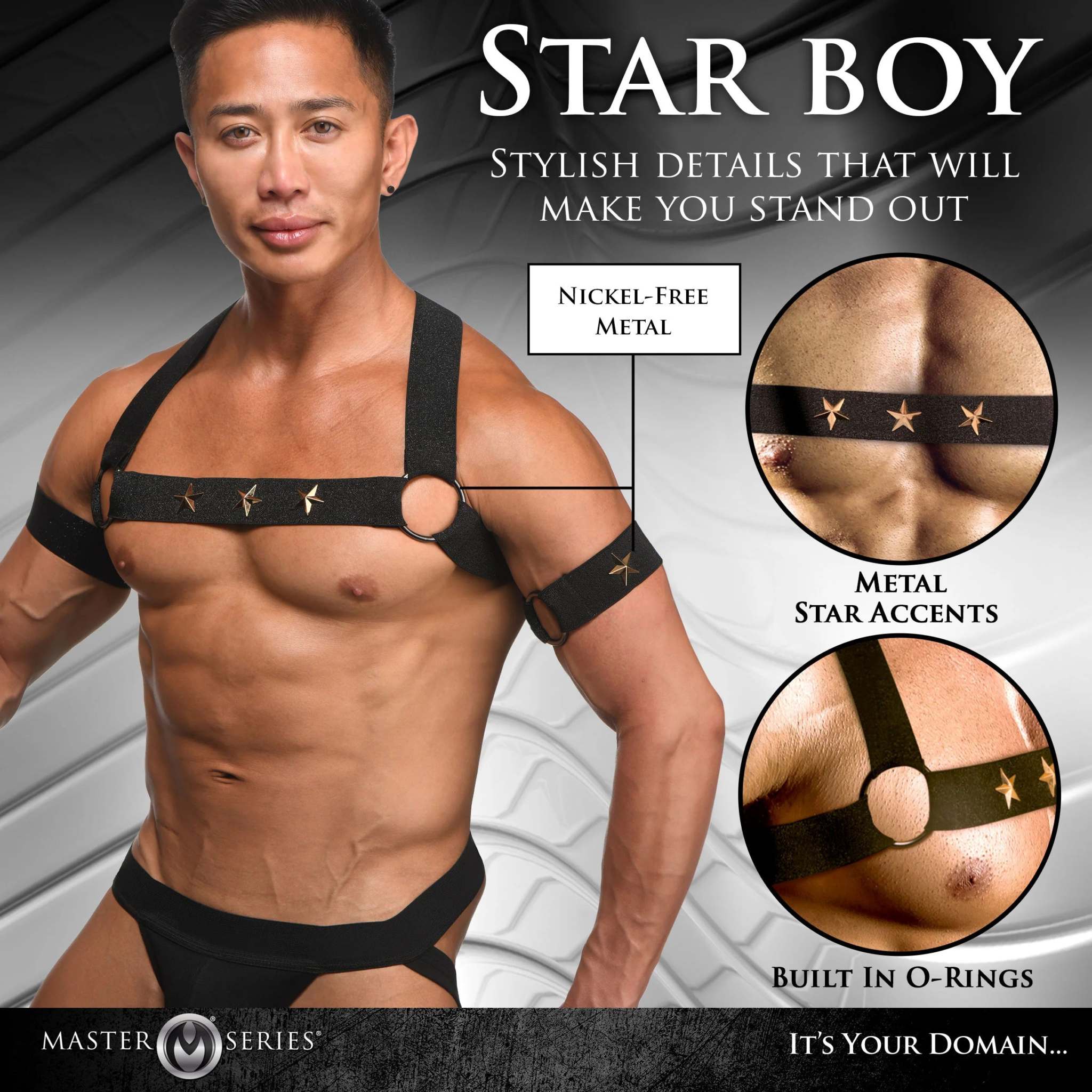 Star Boy Male Chest Harness With Arm Bands in Black featuring nickel-free metal star accents and O-Rings, highlighting its edgy and stylish design.
