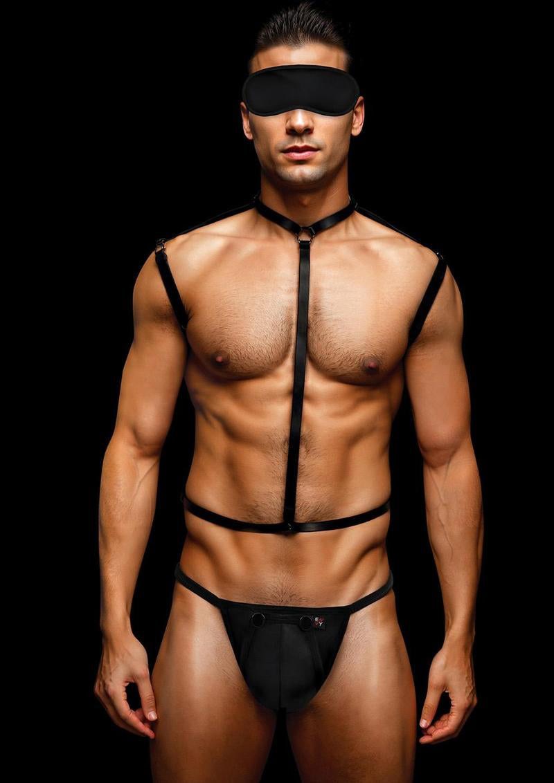 Envy 3 Pc Wet Look Chest Harness in black faux leather worn by muscular man with blindfold, showcasing chest harness and jockstrap thong.