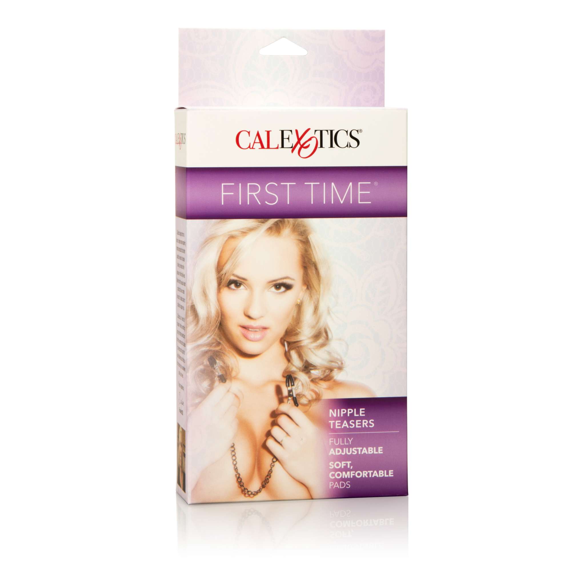 CalExotics First Time Fetish Nipple Teasers packaging with image of woman holding adjustable nipple clamps with soft pads