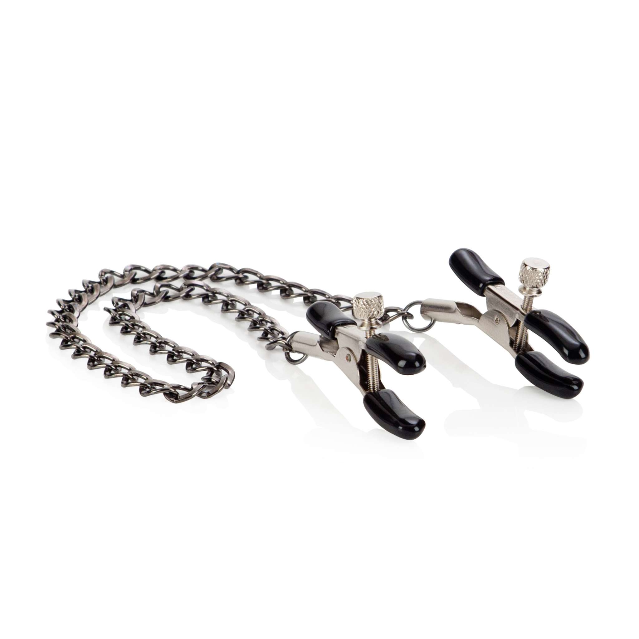 Adjustable First Time Fetish Nipple Teasers with padded tips and connecting chain for comfortable BDSM play