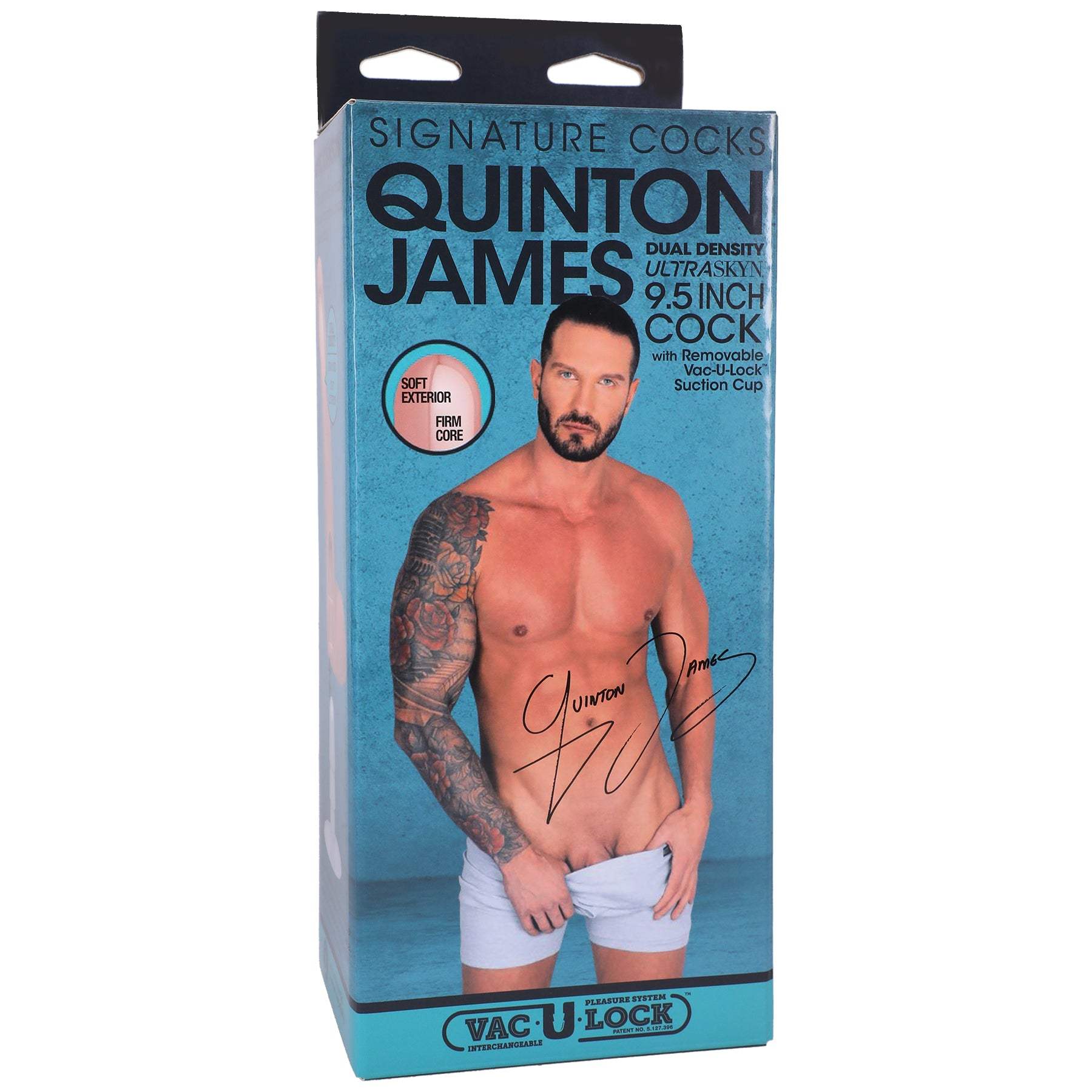 Signature Cocks - Quinton James 9.5 Inch Ultraskyn Cock packaging with image and features.