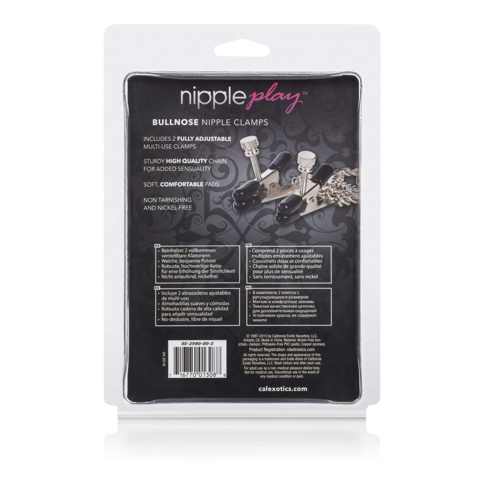 Nipple Play Bull Nose Nipple Clamps packaging showing adjustable, non-tarnishing clamps with comfortable pads and sturdy chains