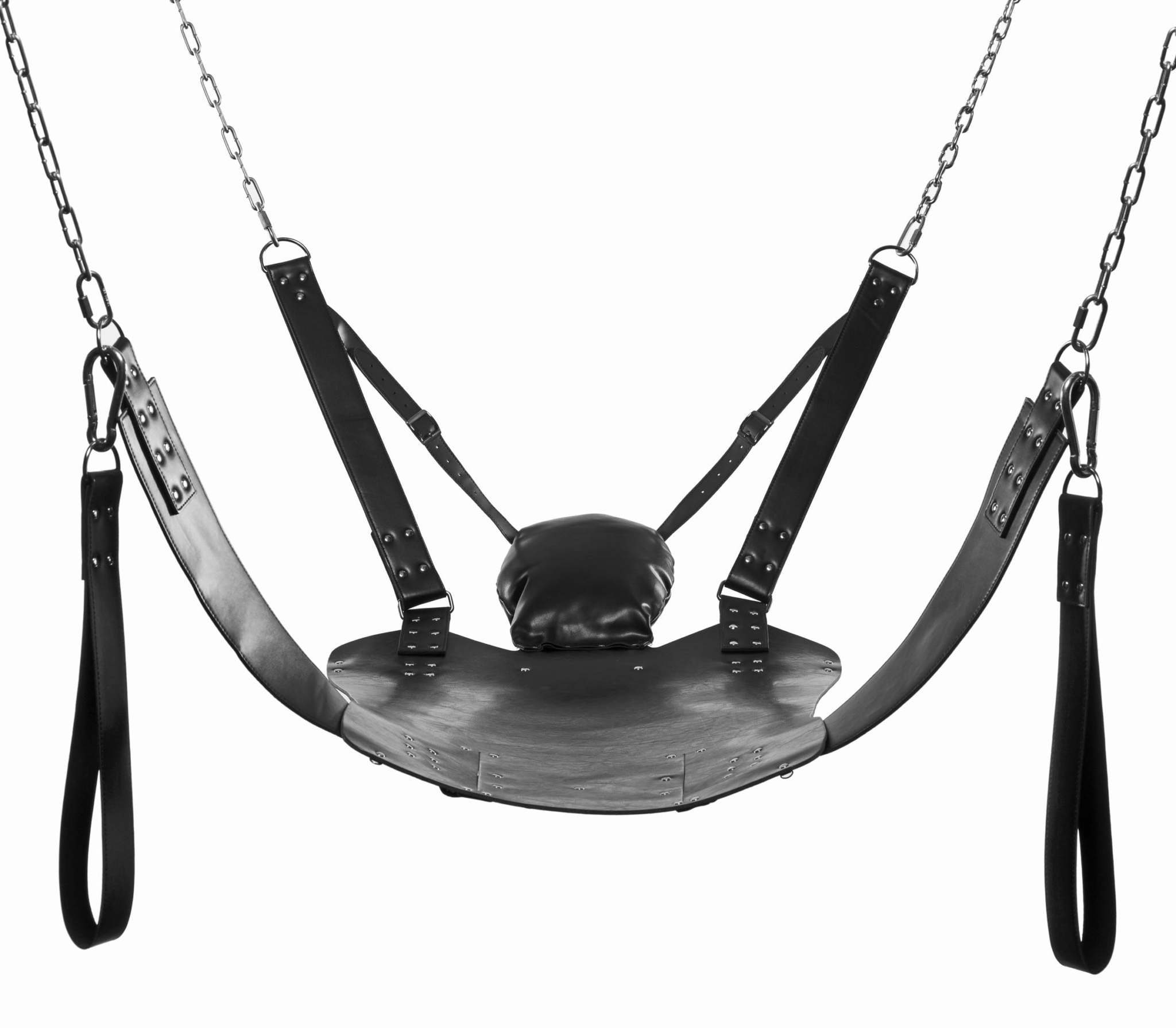 Extreme Sling bondage gear with leather seat, adjustable straps, padded pillow, and detachable stirrups.