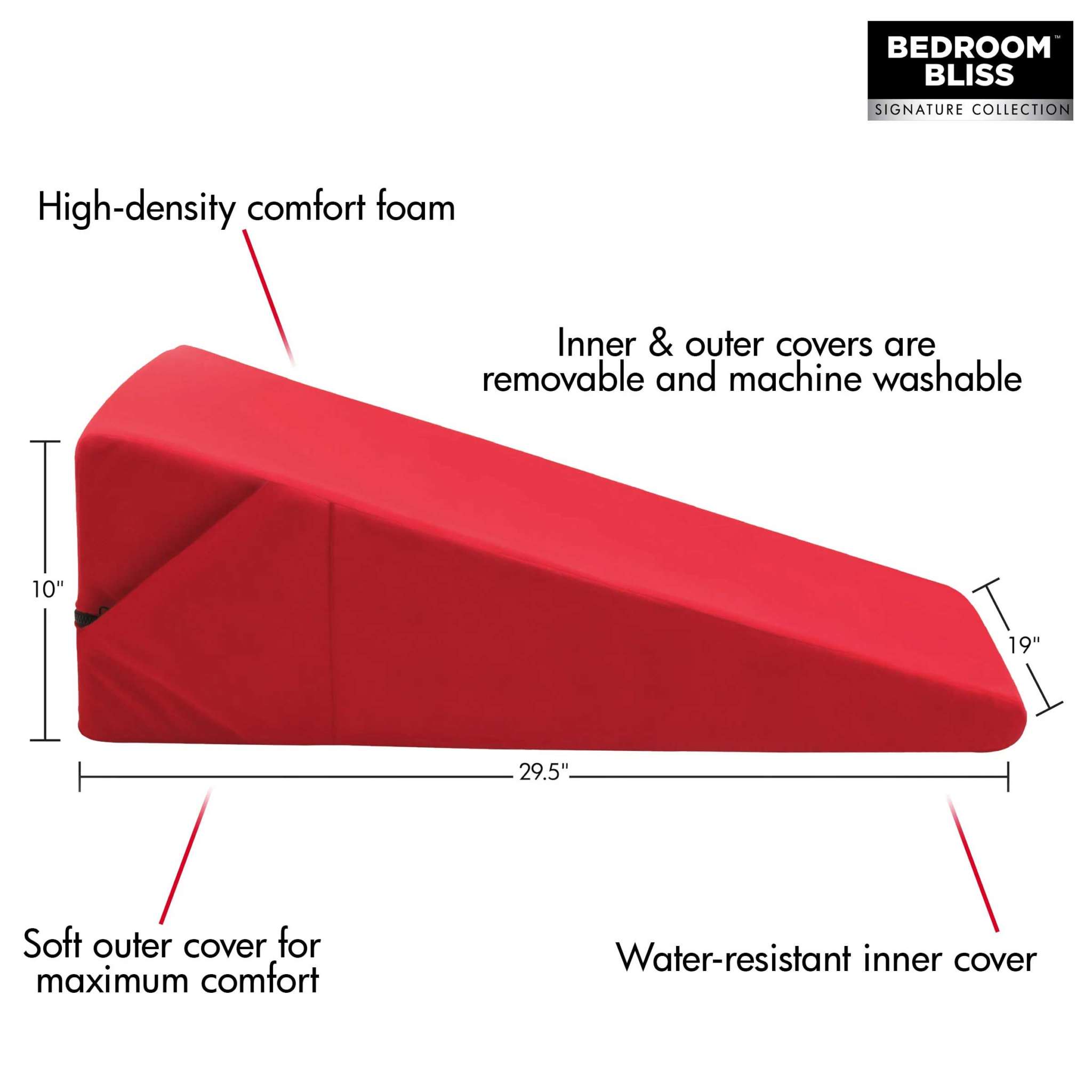 XL-Love Cushion Large Wedge Pillow in red with high-density foam, removable covers, and soft outer layer for enhanced intimacy and comfort.