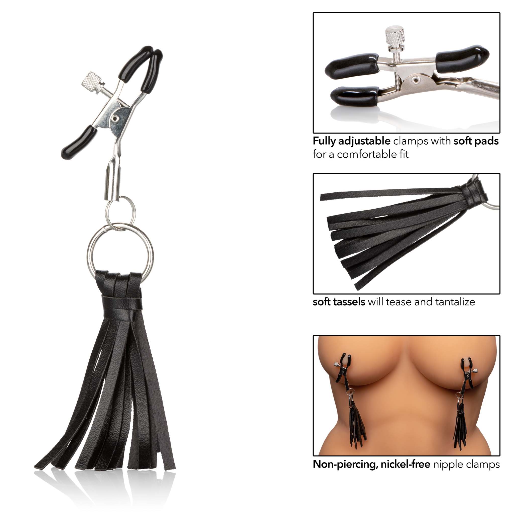 Black adjustable nipple clamps with soft pads and playful black vegan leather tassels for sensual pleasure.