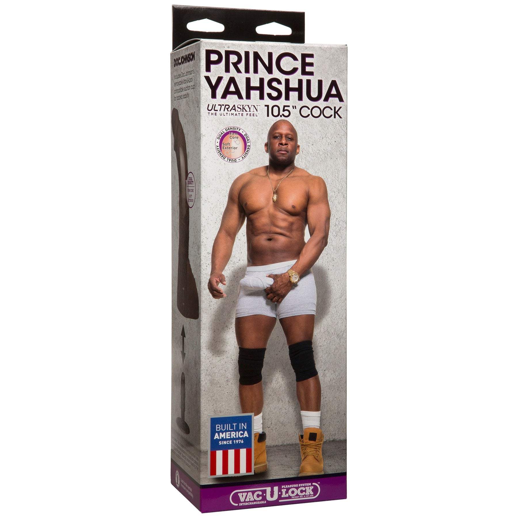 Prince Yahshua Ultraskyn 10.5 inch cock packaging with image of product and adult star, featuring ULTRASKYN material and Vac-U-Lock compatibility.