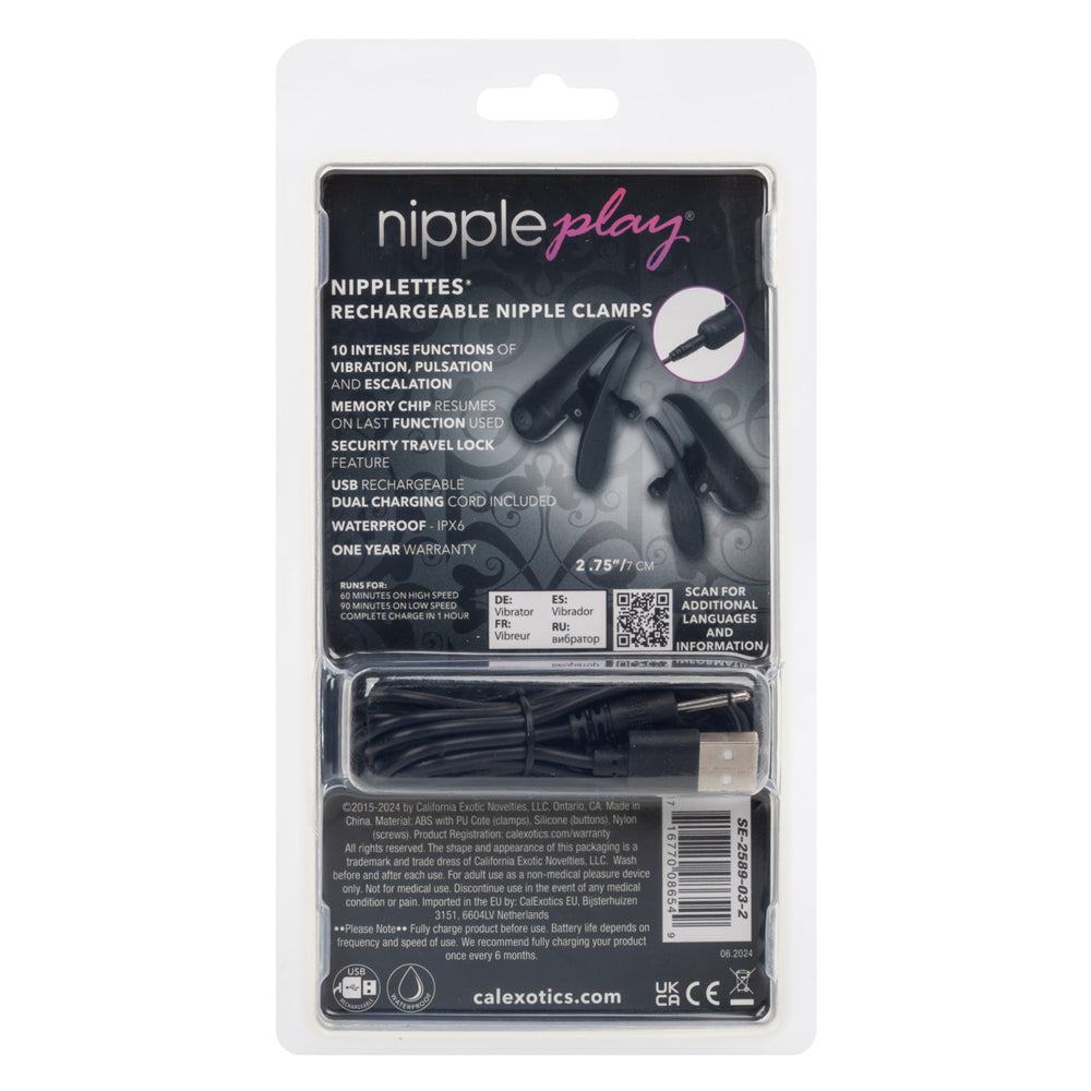 Nipple Play Nipplettes Vibrating Nipple Clamps Black Rechargeable by Bondage & Fetish Toys