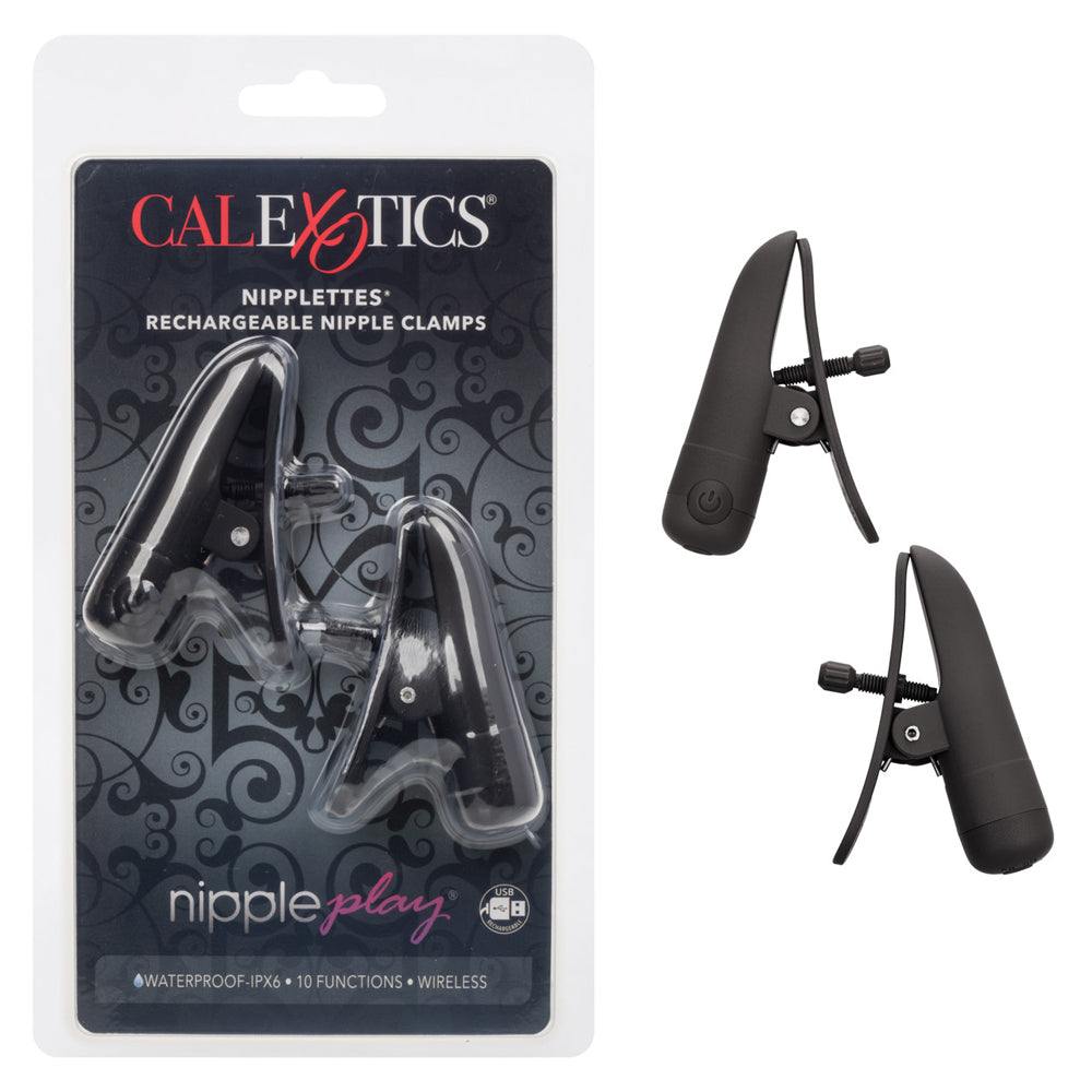 Nipple Play Nipplettes Vibrating Nipple Clamps Black Rechargeable by Bondage & Fetish Toys