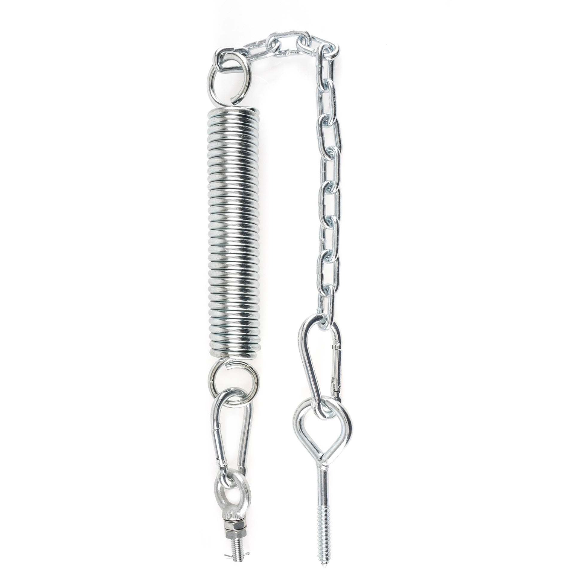 Metal torsion spring and chain with eyelet bolt and carabiners for Fetish Fantasy Series swing suspension system