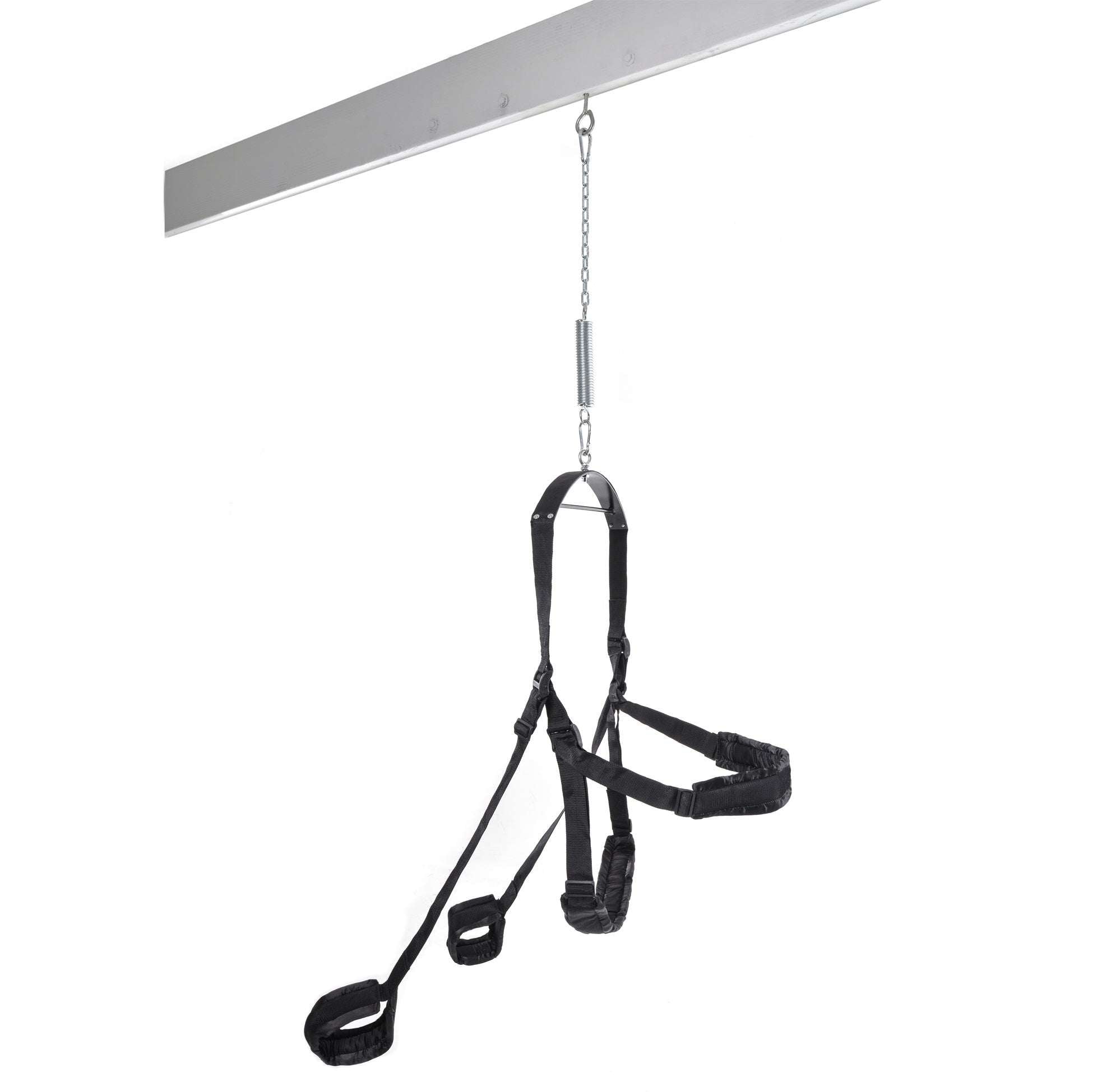 Black Fetish Fantasy Series Fantasy Swing hanging from ceiling beam with padded supports and adjustable straps for intimate use