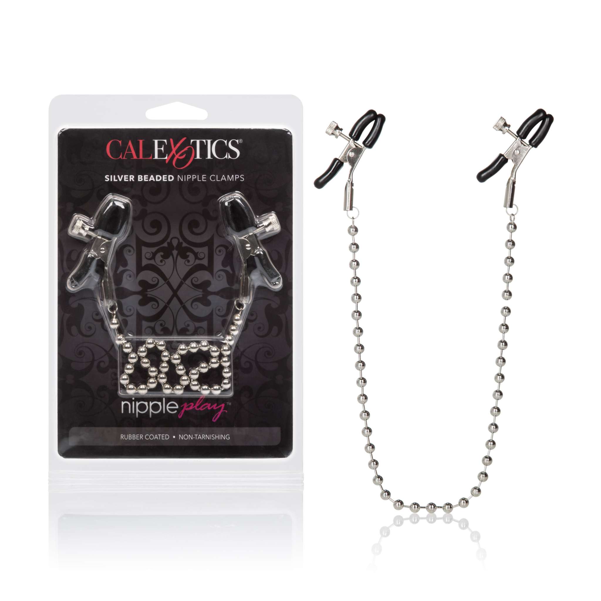 Silver Beaded Nipple Clamps with elegant beads, adjustable pressure, and rubber-coated tips in packaging.