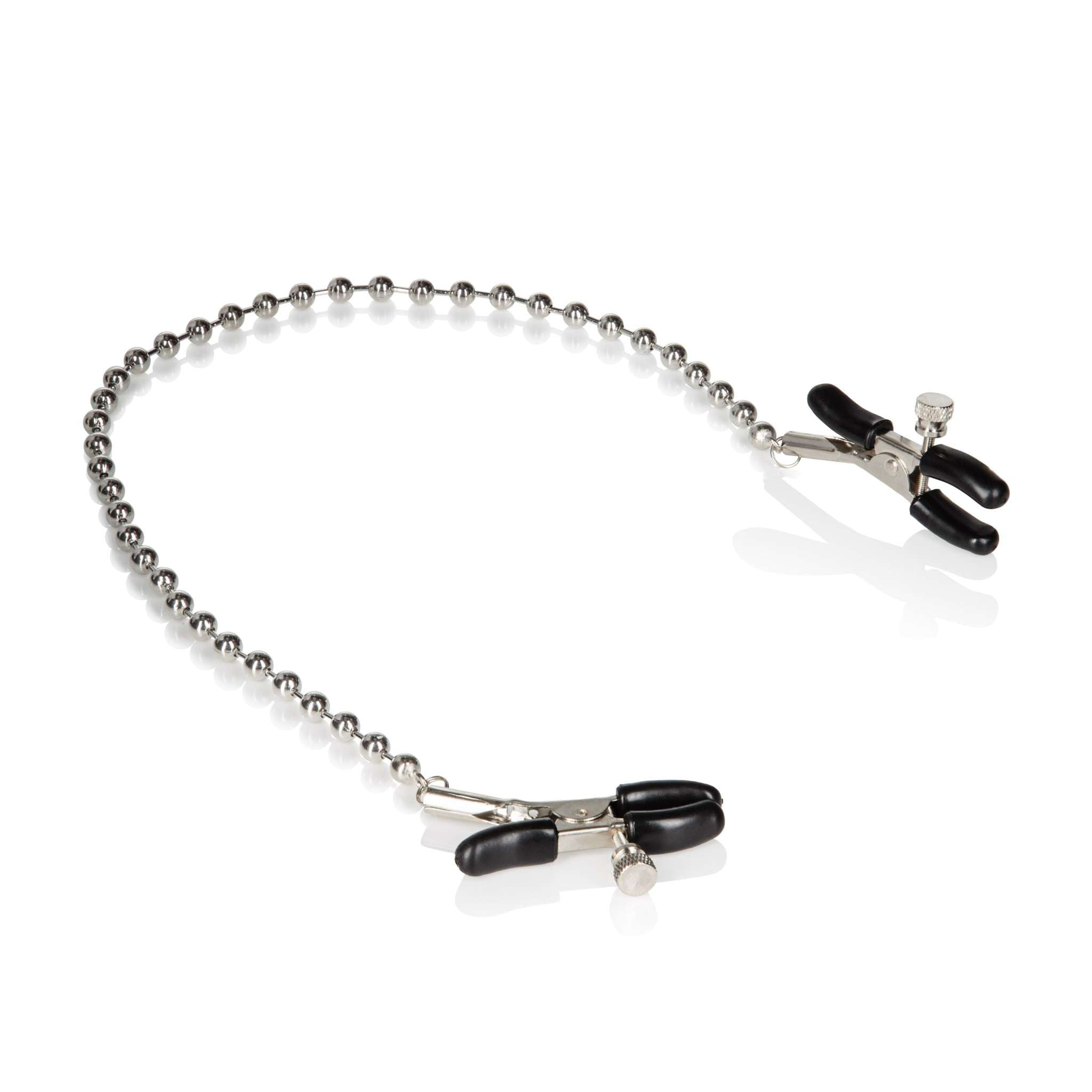 Silver Beaded Nipple Clamps with adjustable rubber-coated tips for comfort and style.