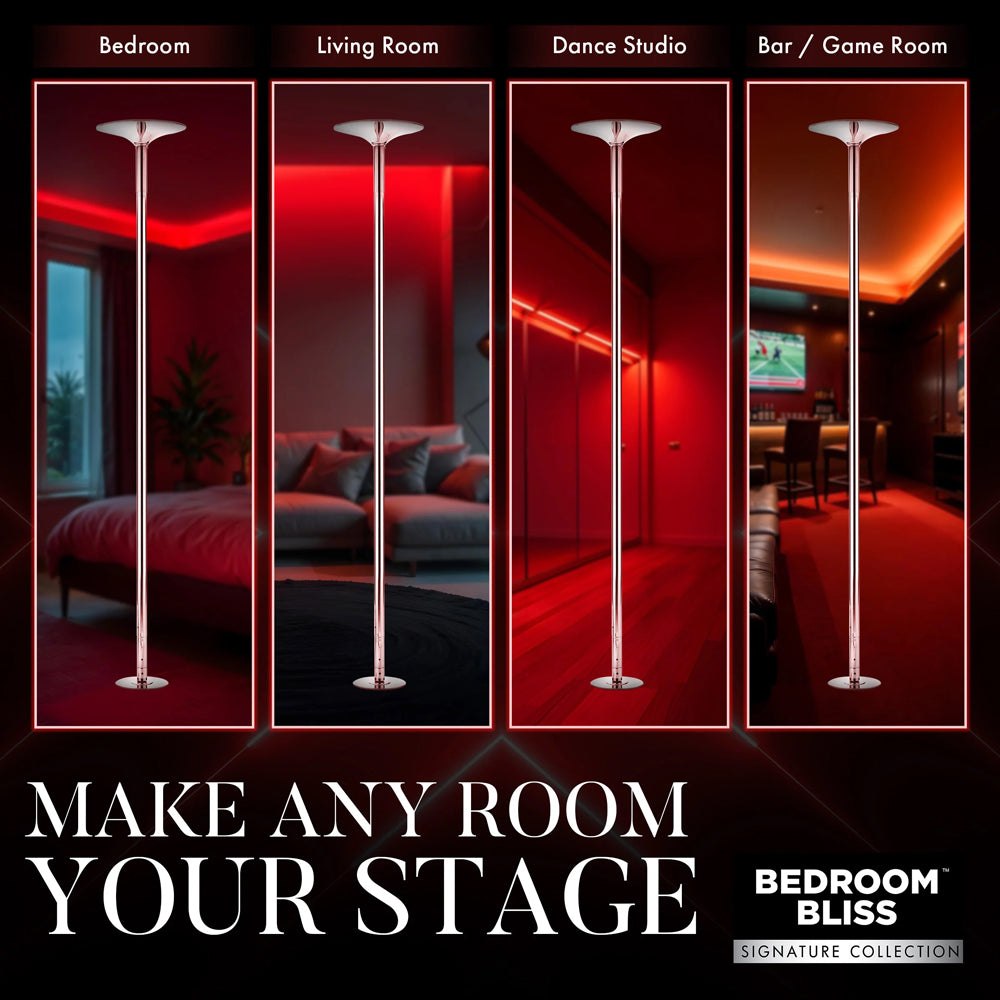 Bedroom Bliss Deluxe Dance Pole in various rooms showcasing versatile installation options.