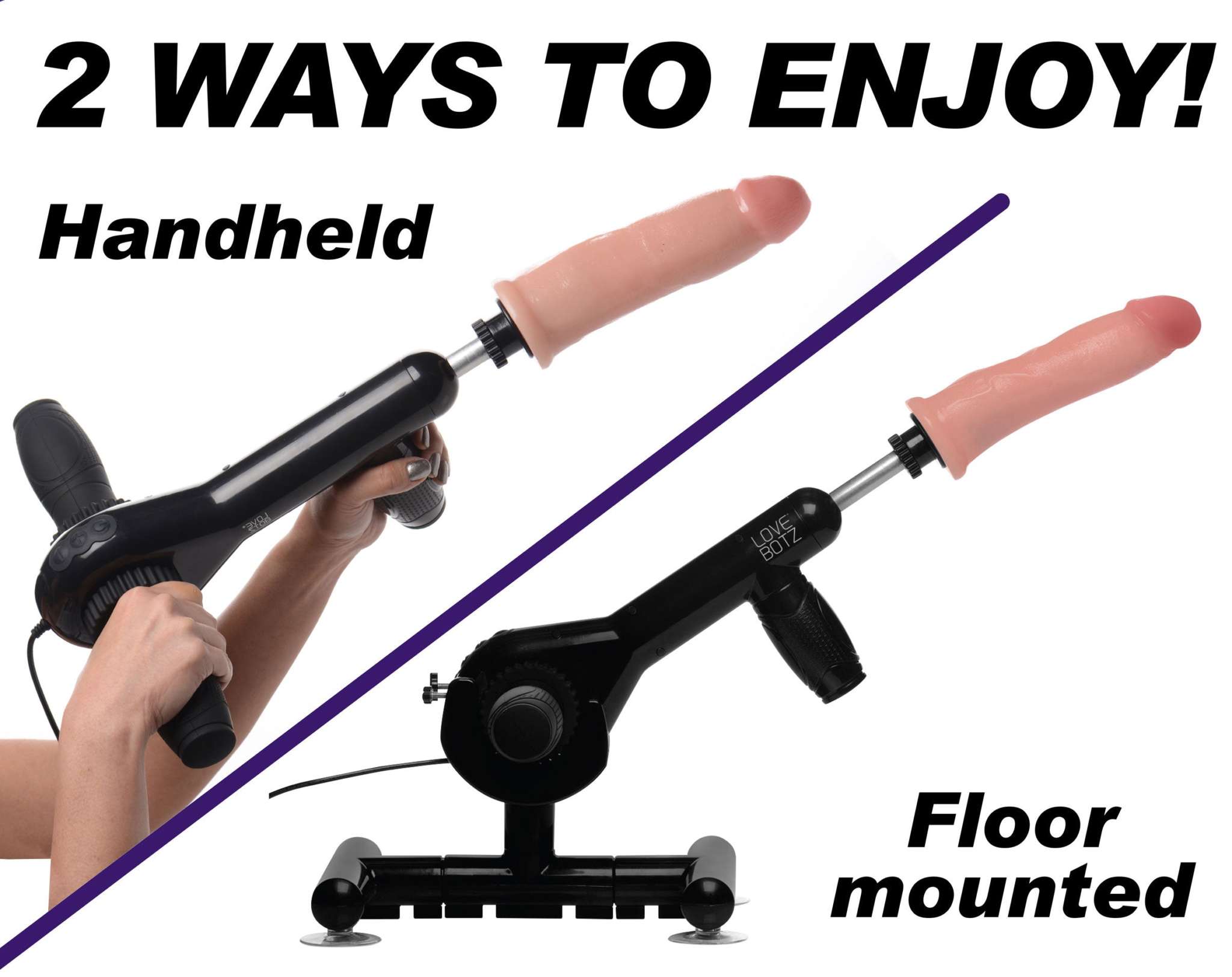 Pro-Bang Sex Machine with remote control shown handheld and floor mounted with realistic dildo attachment