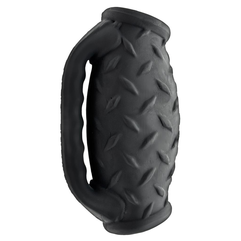 Masterjack Double Penetration Jo - Black Ice, dual-hole stroker with ergonomic handle and diamond plate grips.