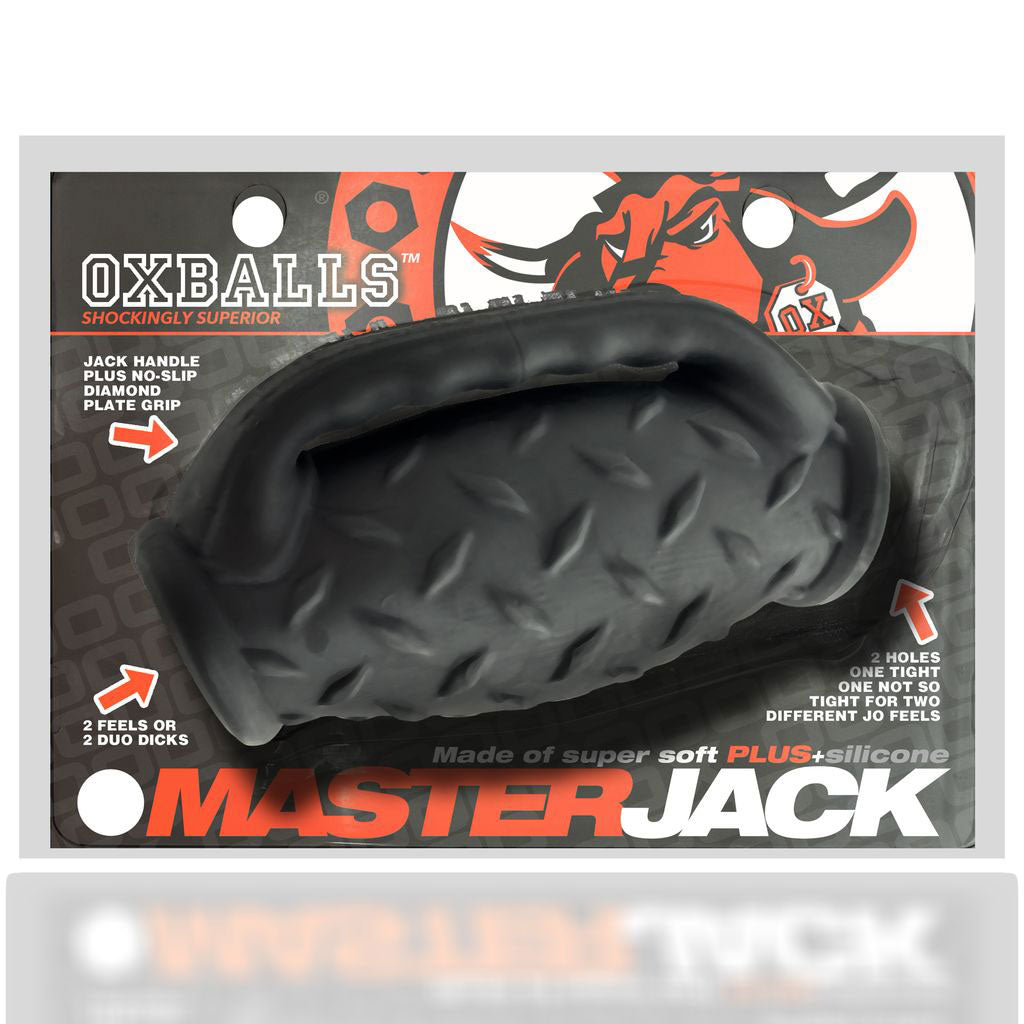 Masterjack Double Penetration Jo - Black Ice stroker with dual holes and textured grip.