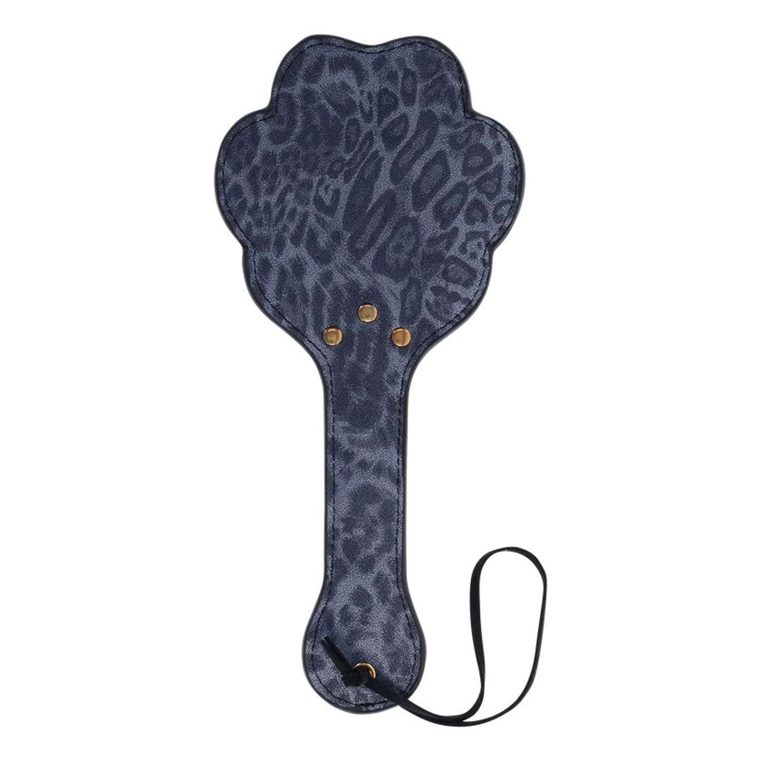 Blue leopard print Cougar Paw Paddle with paw-shaped cutouts and wrist loop for playful use