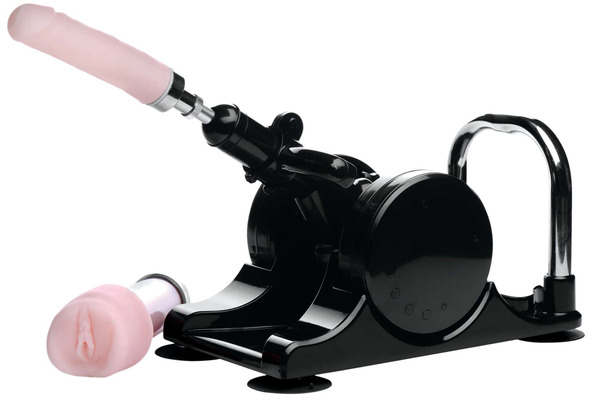 Lovebotz Robo Fuk Deluxe adjustable sex machine with black base and pink dildo attachment, including flexible screw-on options and suction cup feet for stability.
