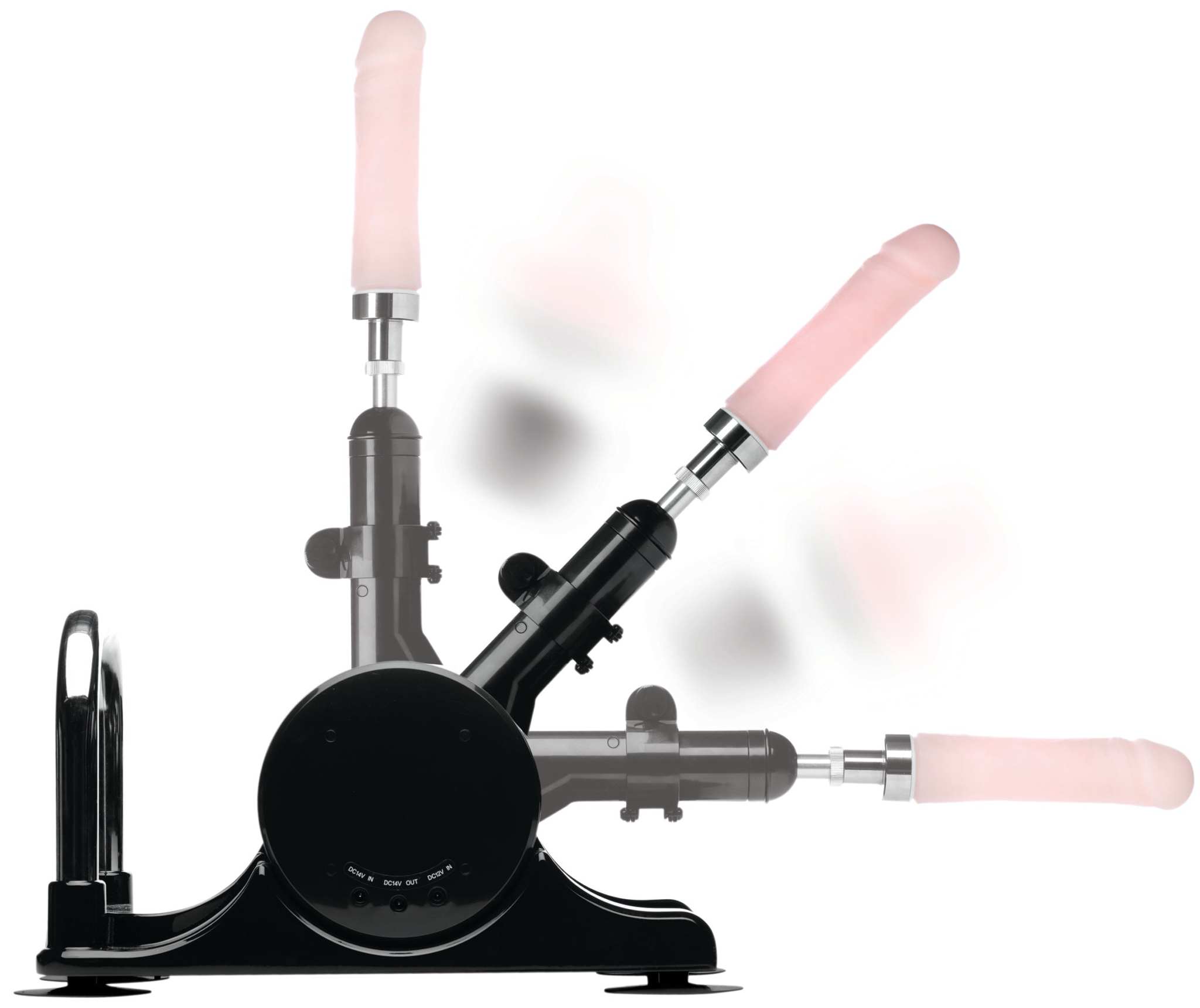Lovebotz Robo Fuk Deluxe adjustable sex machine with black base and pink dildo showing multiple angled positions