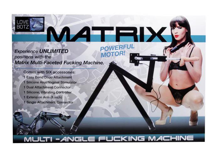 Love Botz Matrix Multi Angle Sex Machine packaging showcasing versatility and accessories.