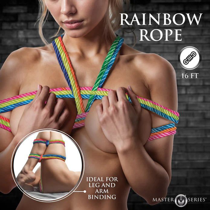 Rainbow Rope - 16ft neon rainbow-colored bondage rope for leg and arm binding, silky-soft nylon, durable and flexible for kinbaku and shibari.