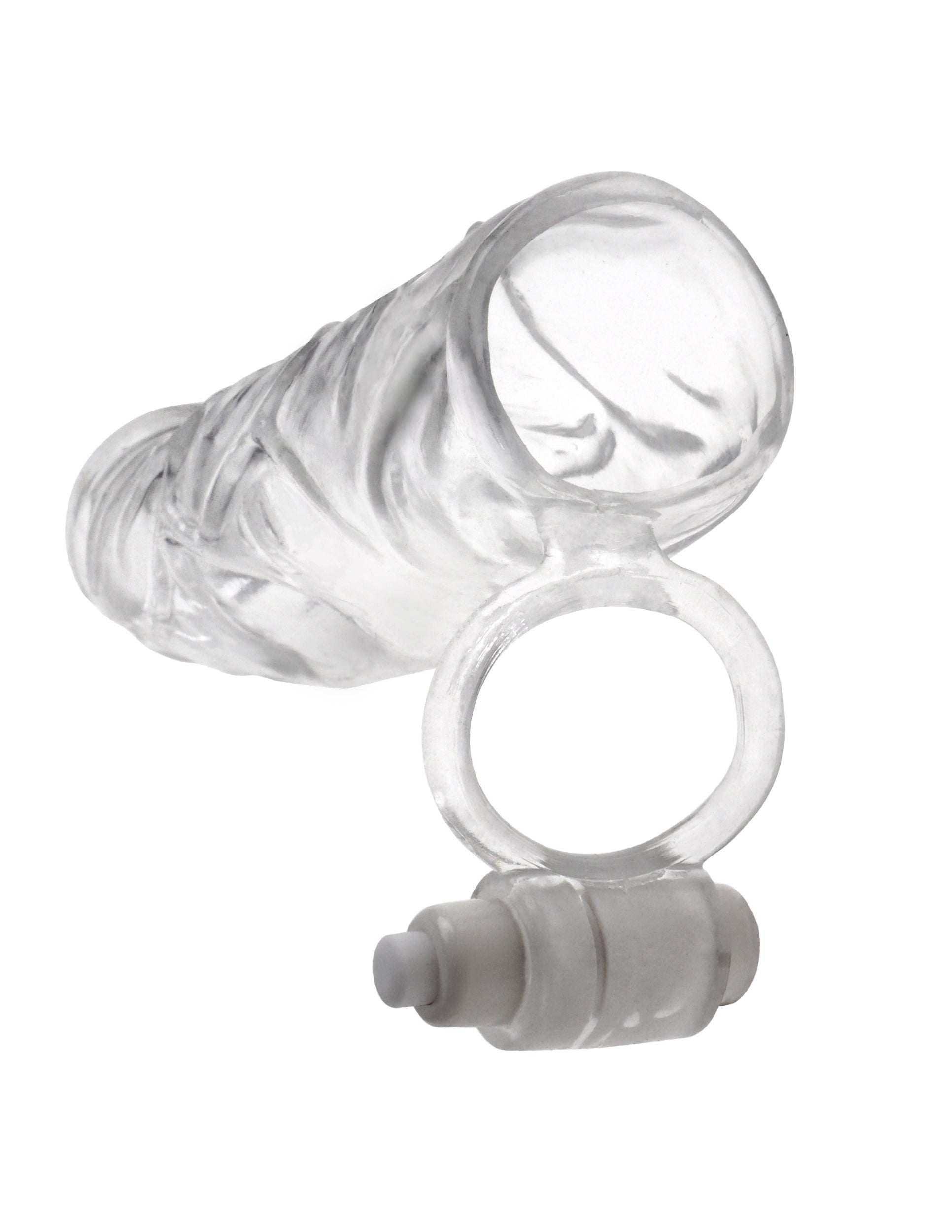 Clear Fantasy X-Tensions Vibrating Super Sleeve with textured design and secure ball strap for enhanced pleasure and size extension