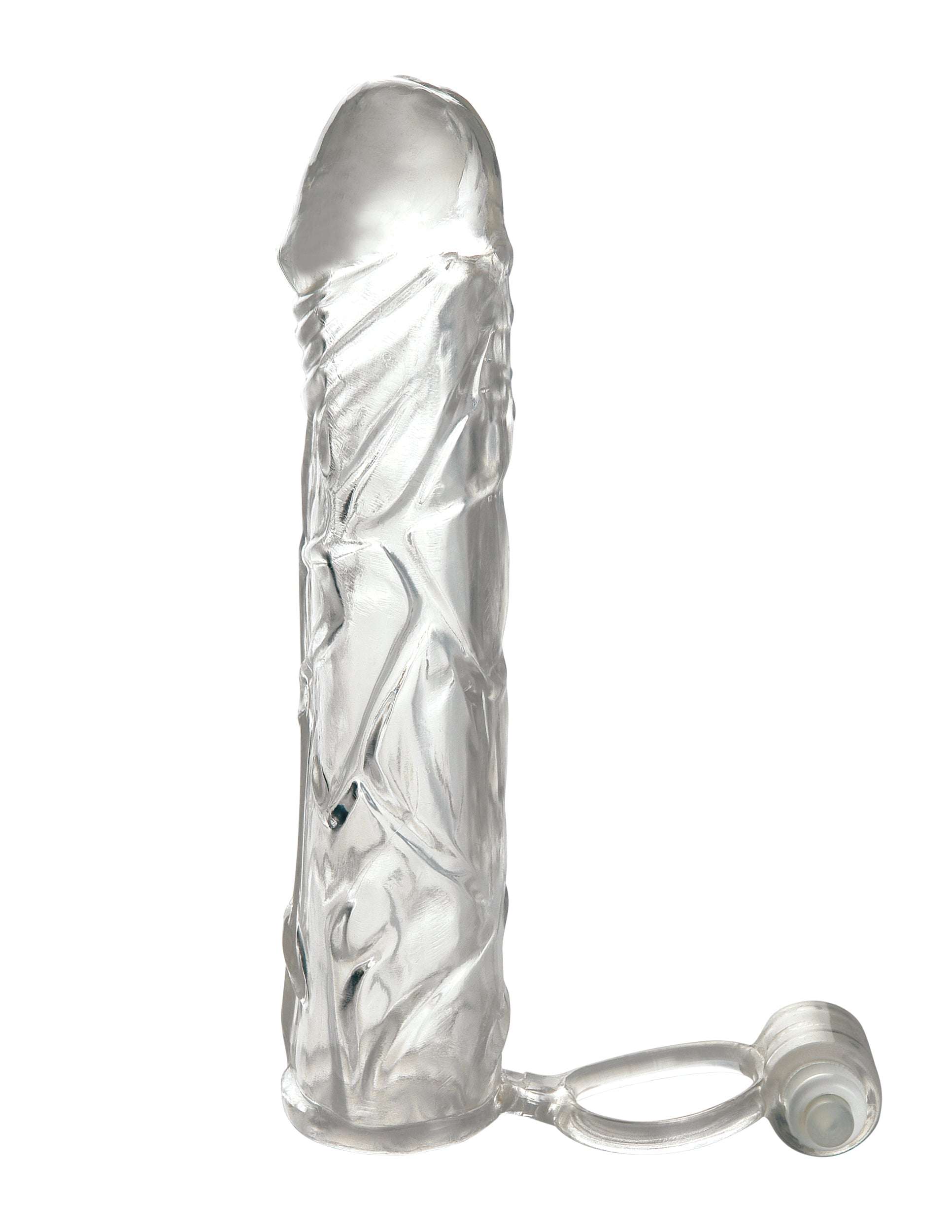 Clear Fantasy X-Tensions Vibrating Super Sleeve textured extension with ball strap and micro vibe for enhanced pleasure