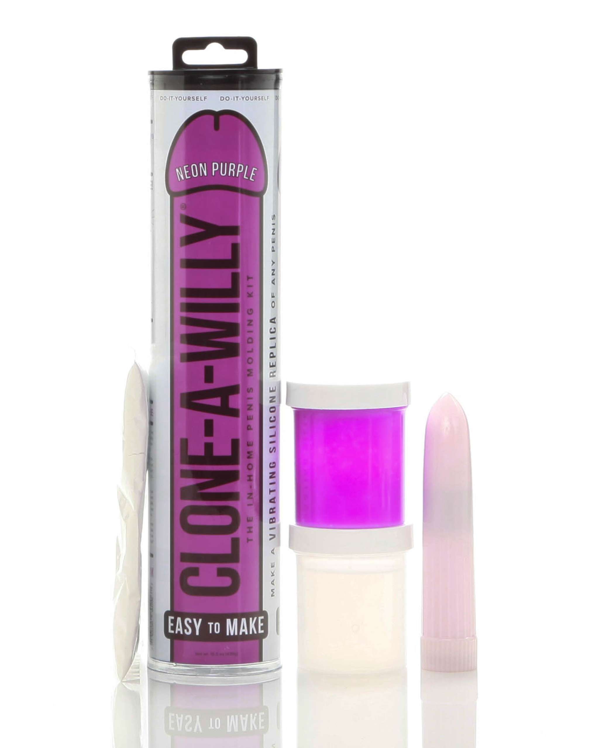 Clone-a-Willy Kits for custom molded replicas in vibrant neon purple packaging.