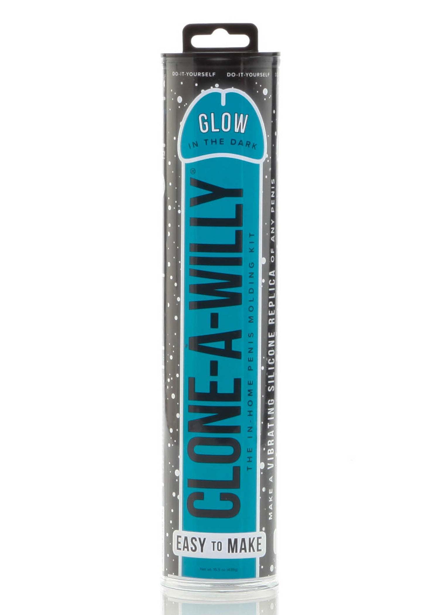 Clone-a-Willy Kits packaging for custom molded vibrating replicas with glow-in-the-dark option.