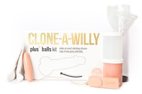 Clone-a-Willy Kits for custom vibrating silicone replicas with molding tools and accessories.