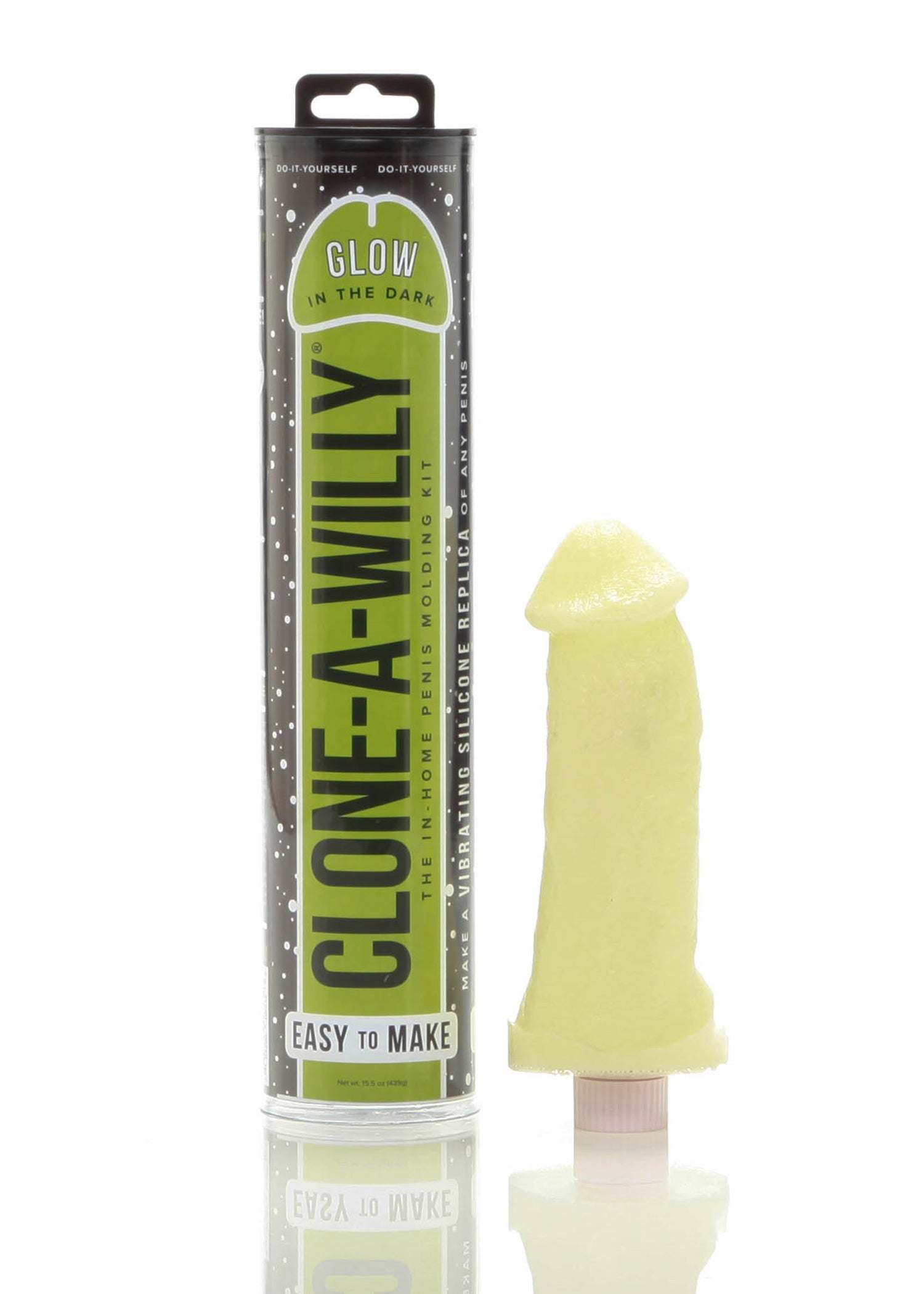 Clone-a-Willy Kit packaging and glow-in-the-dark replica.