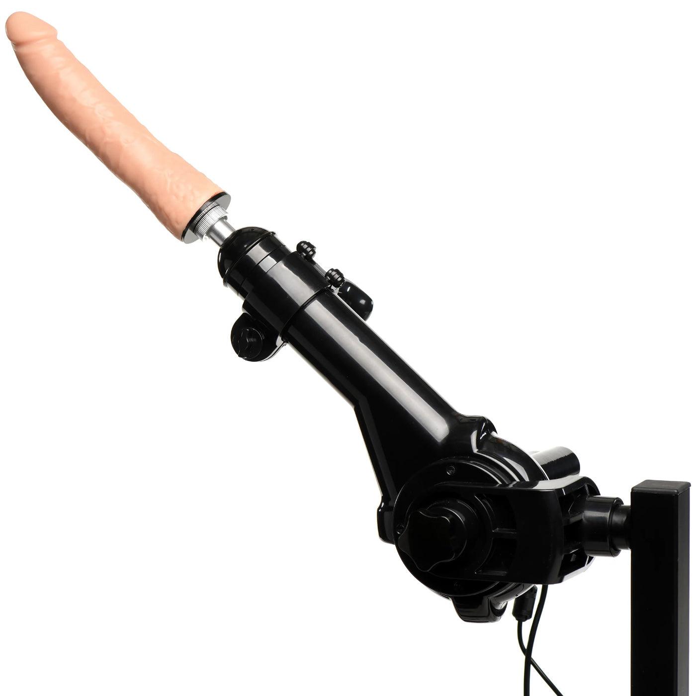 Obedience Bench with Sex Machine in black vegan leather featuring adjustable silicone dildo and plush upholstery.
