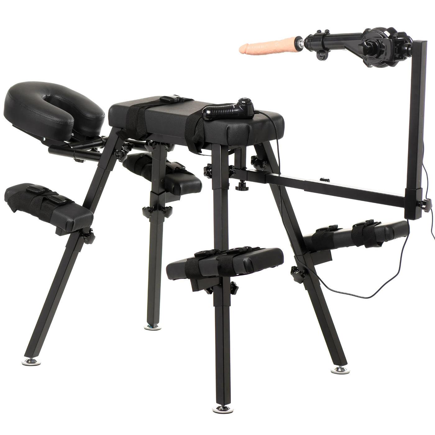Obedience Bench with sex machine, black vegan leather finish, adjustable pads, detachable elements, and corded remote.