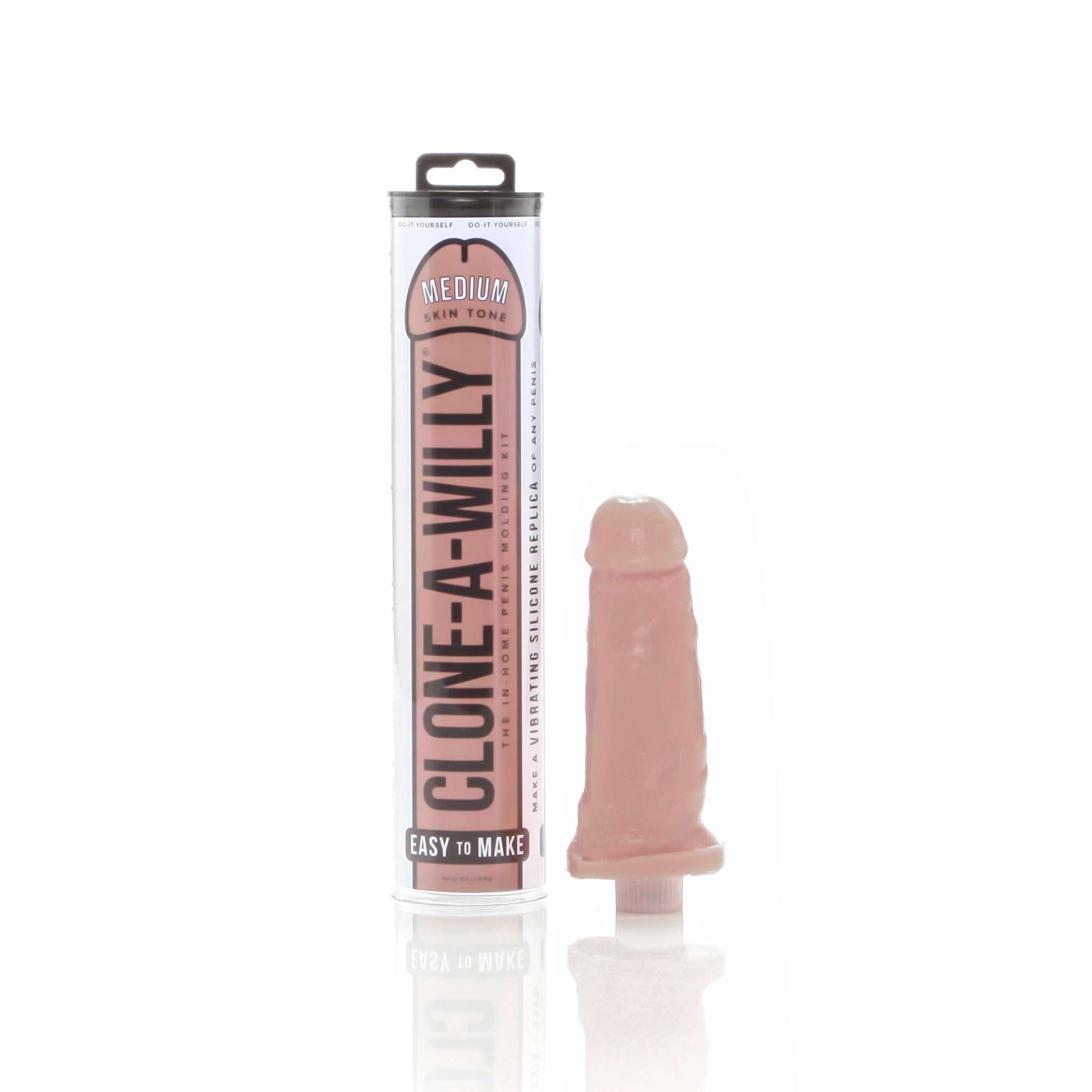 Clone-a-Willy Kits for Custom Molded Replicas in medium skin tone, showcasing a personalized silicone replica and packaging.