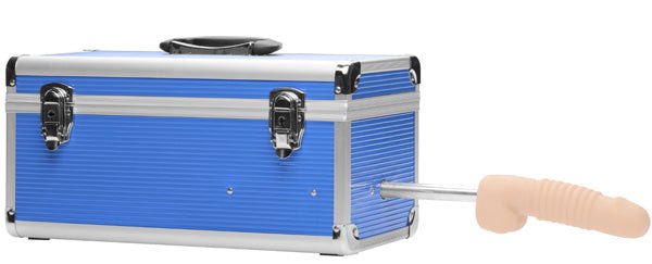 Love Botz Sex Box Undercover Machine with premium dildo attachment in sleek blue carrying case.