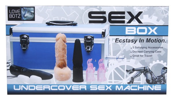 Love Botz Sex Box Undercover Machine with attachments, blue case, and accessories for hands-free pleasure.