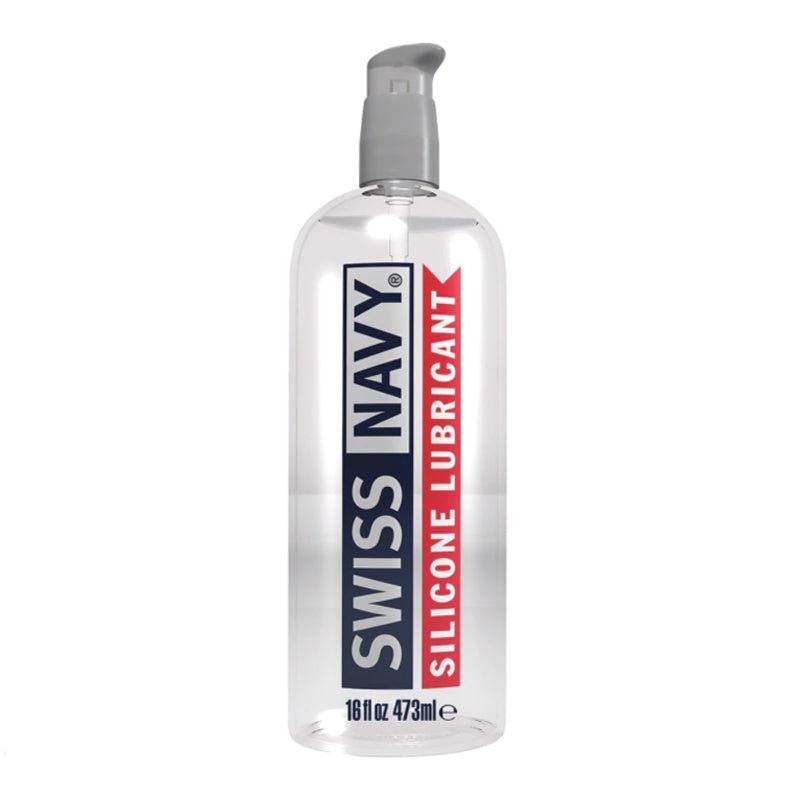Swiss Navy Silicone Lubricant in a clear pump bottle, 16 fl oz.