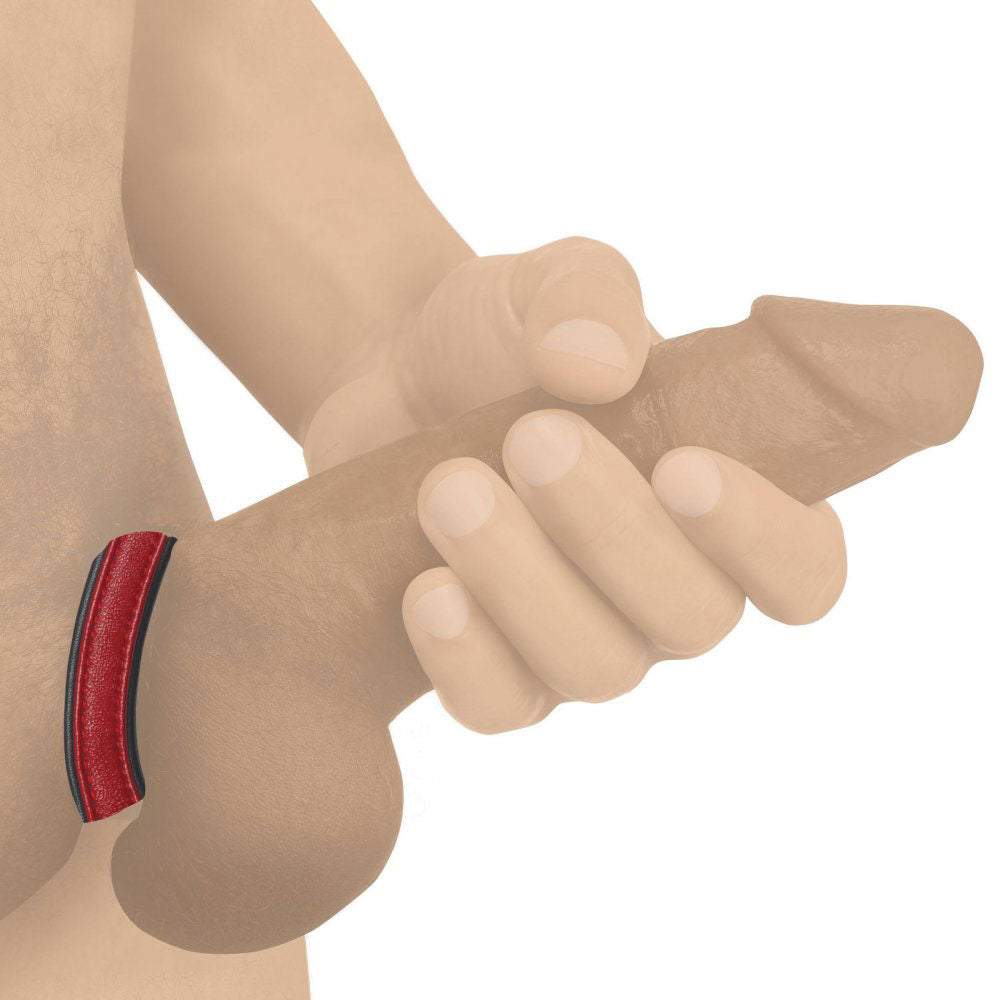 Red leather and velcro cock ring for enhanced pleasure and comfort.