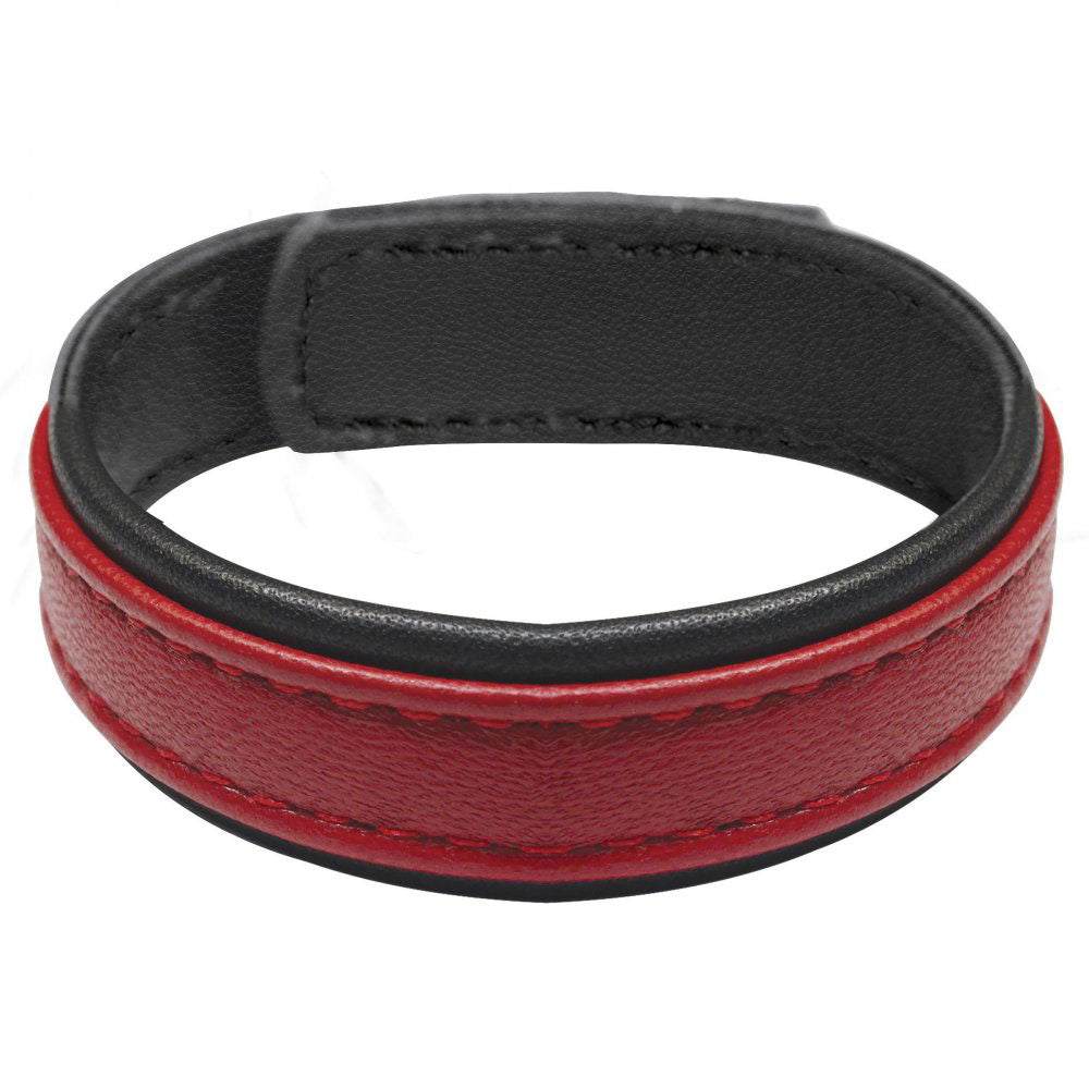 Red leather and Velcro cock ring with adjustable strap for enhanced intimate experiences.