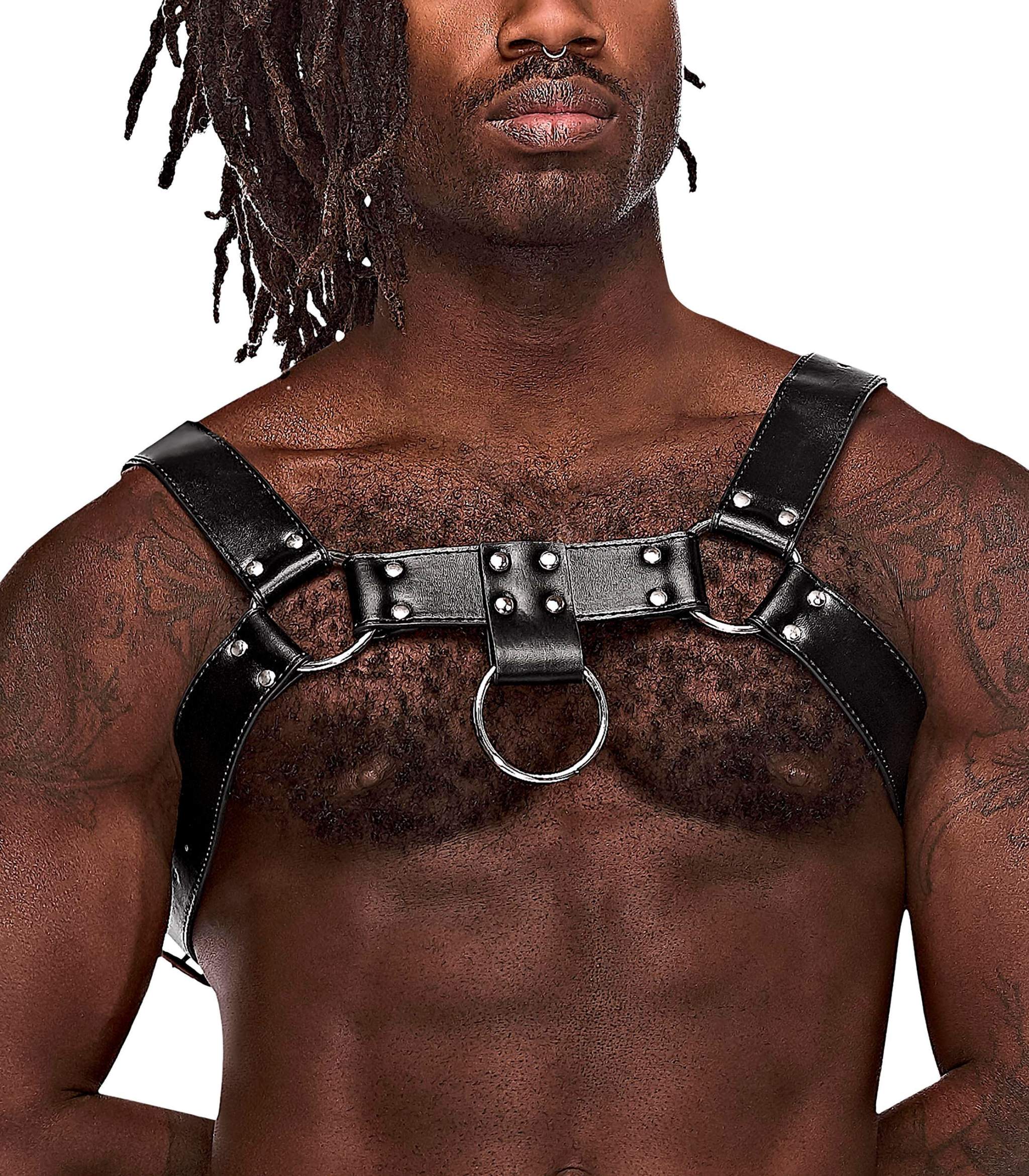 Aries Leather Harness in black, featuring adjustable straps and decorative metal studding for a bold fashion statement.