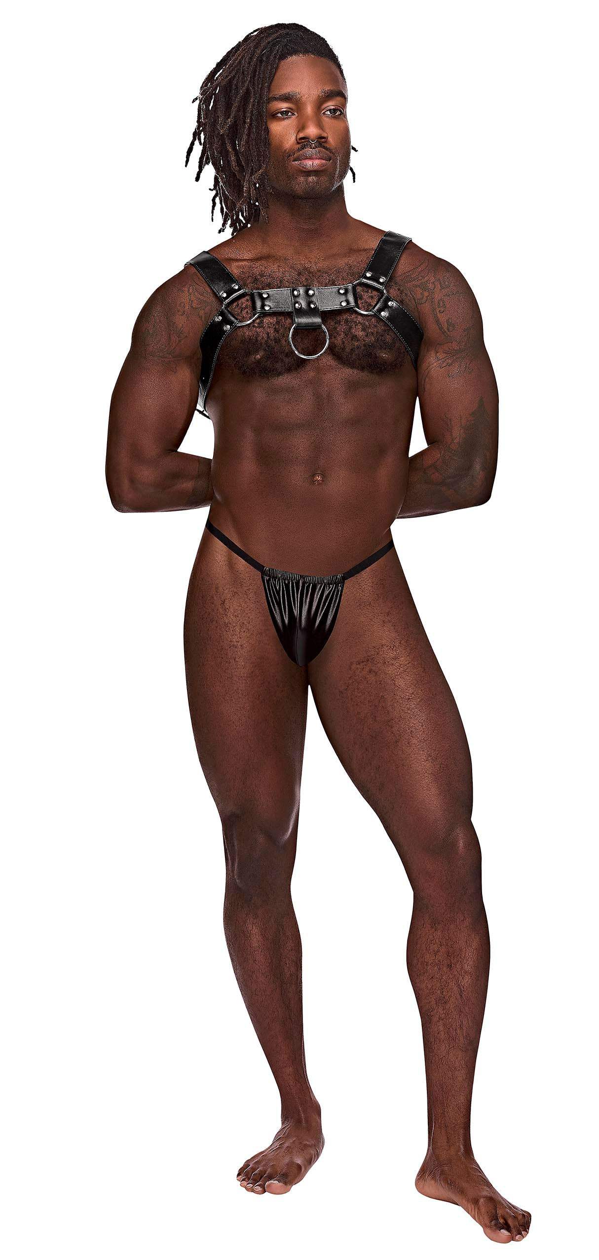 Black Aries Leather Harness, adjustable with metal buckles, stylish and versatile accessory.