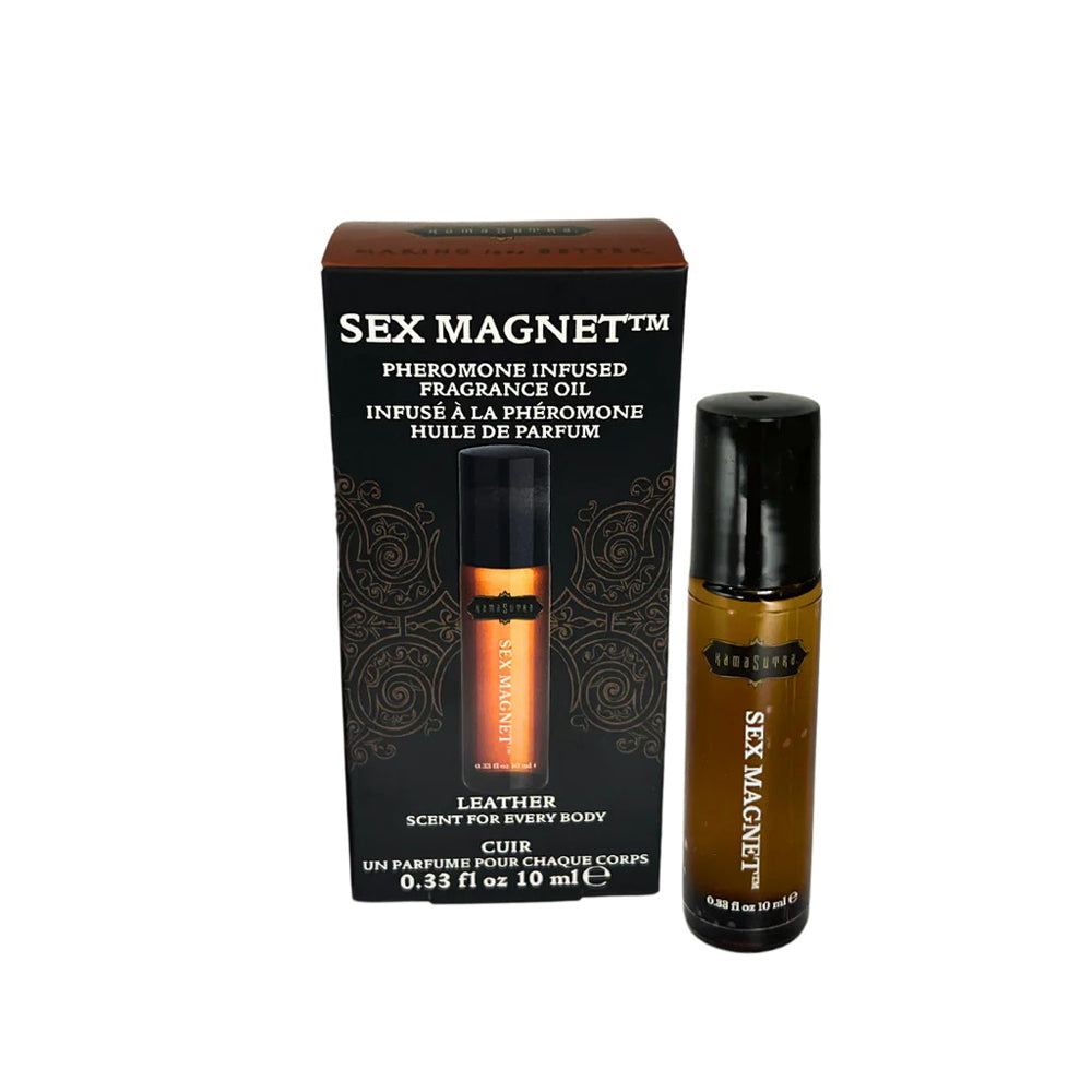 Leather Sex Magnet pheromone infused roll-on fragrance oil with bold leather and cedar scent in a compact 10ml bottle and packaging.