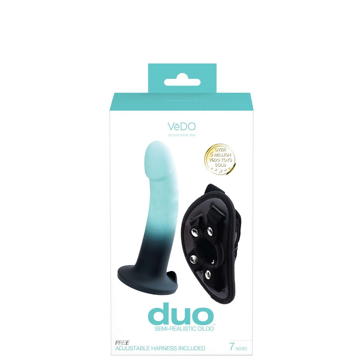 Semi-realistic turquoise and black dildo with adjustable harness and suction cup base in product packaging